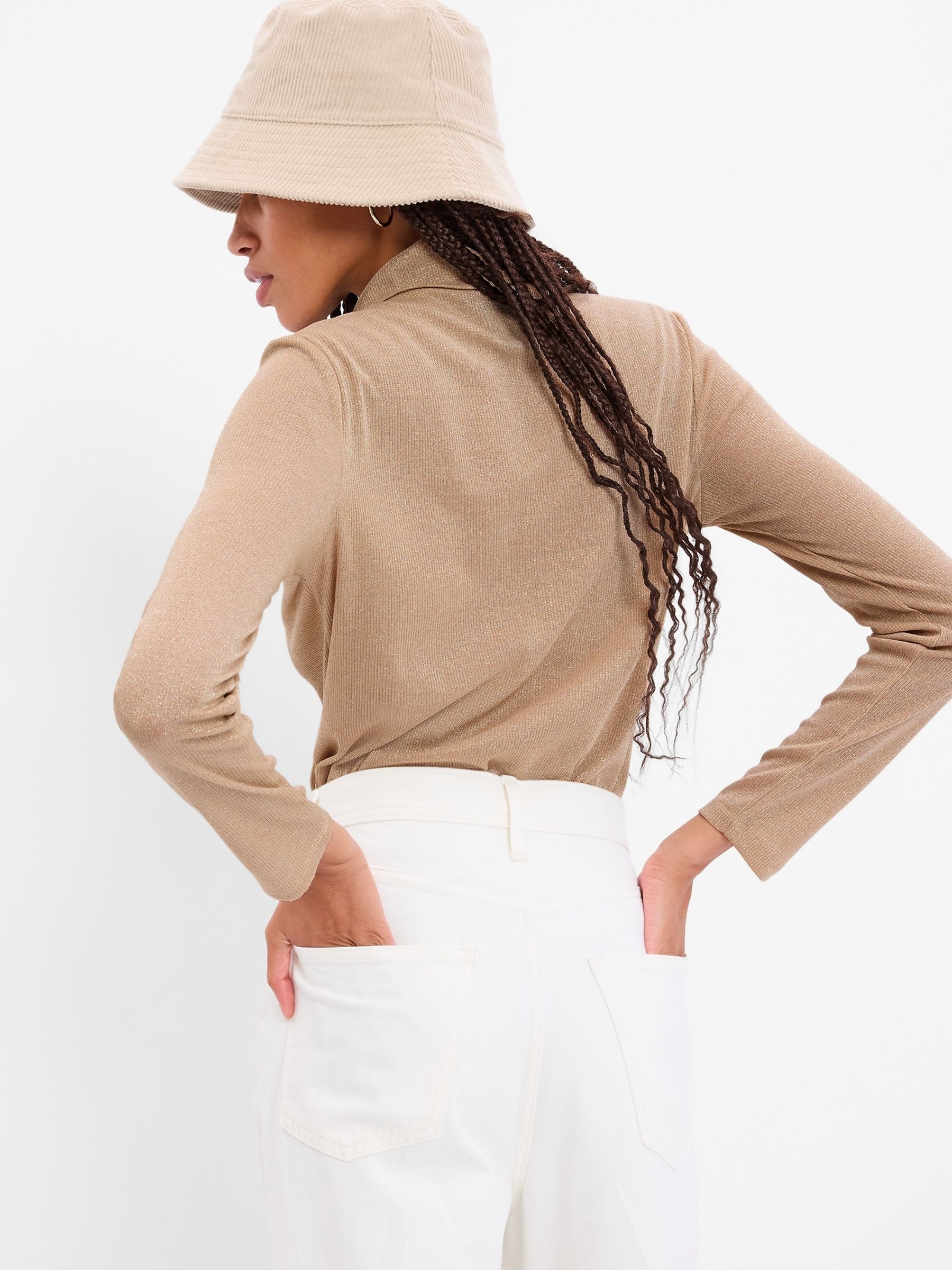 Beige Metallic Ribbed Long Sleeve Turtle Neck T-Shirt - Image 2 of 5