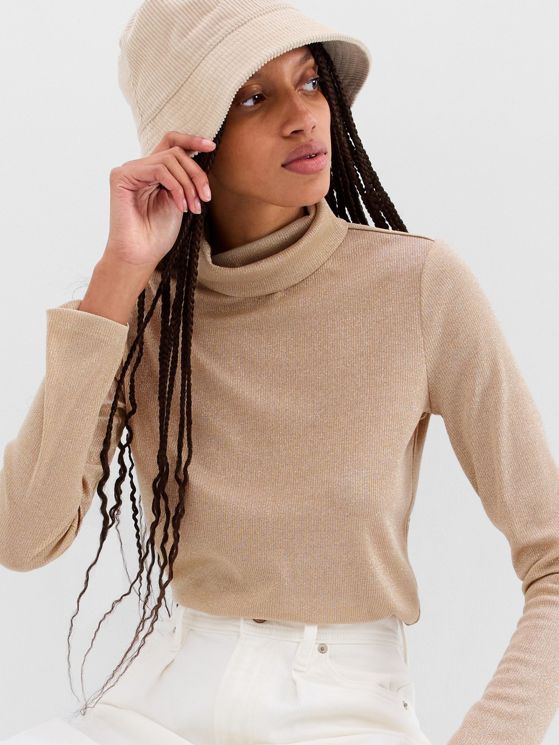Beige Metallic Ribbed Long Sleeve Turtle Neck T-Shirt - Image 3 of 5