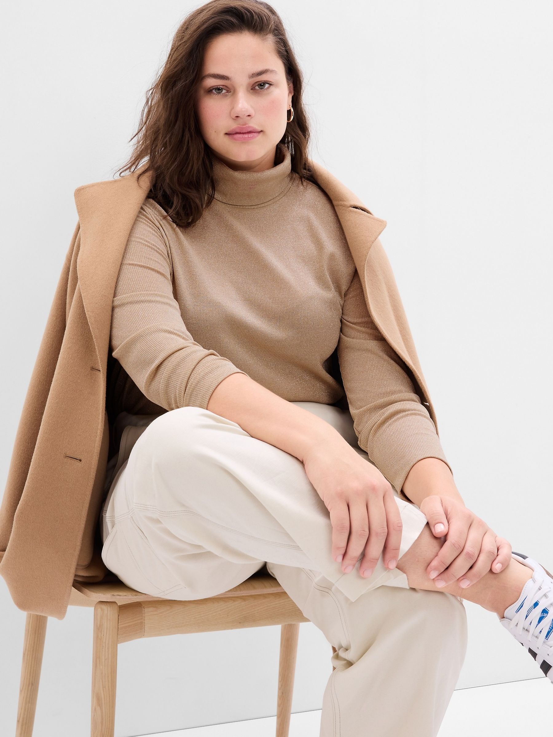 Beige Metallic Ribbed Long Sleeve Turtle Neck T-Shirt - Image 4 of 5