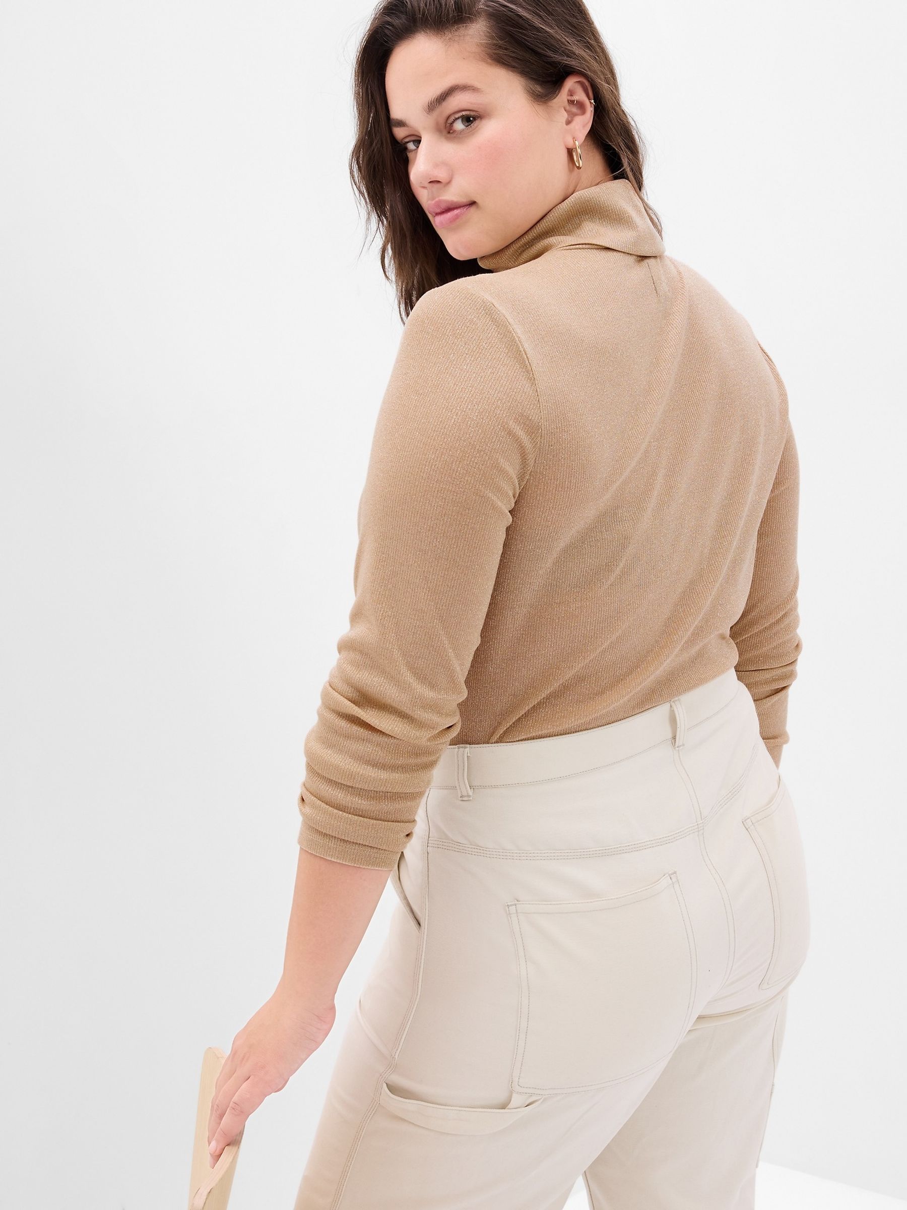 Beige Metallic Ribbed Long Sleeve Turtle Neck T-Shirt - Image 5 of 5