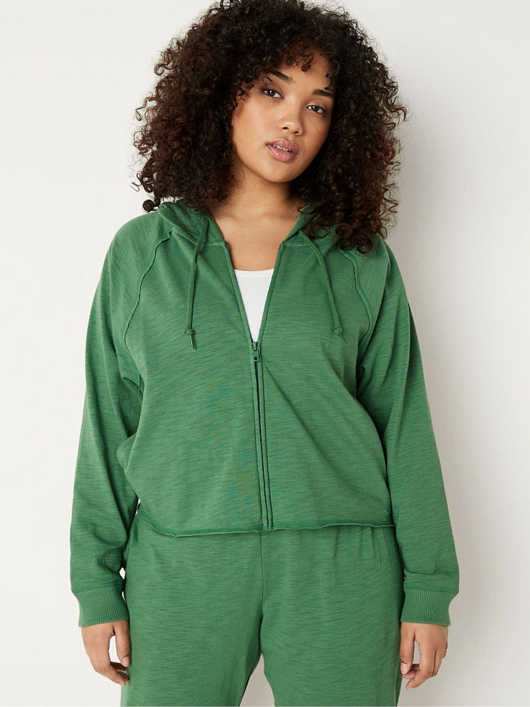 Forest Pine Green Cotton Slub Crop Cut Off Full Zip Hoodie - Image 1 of 4