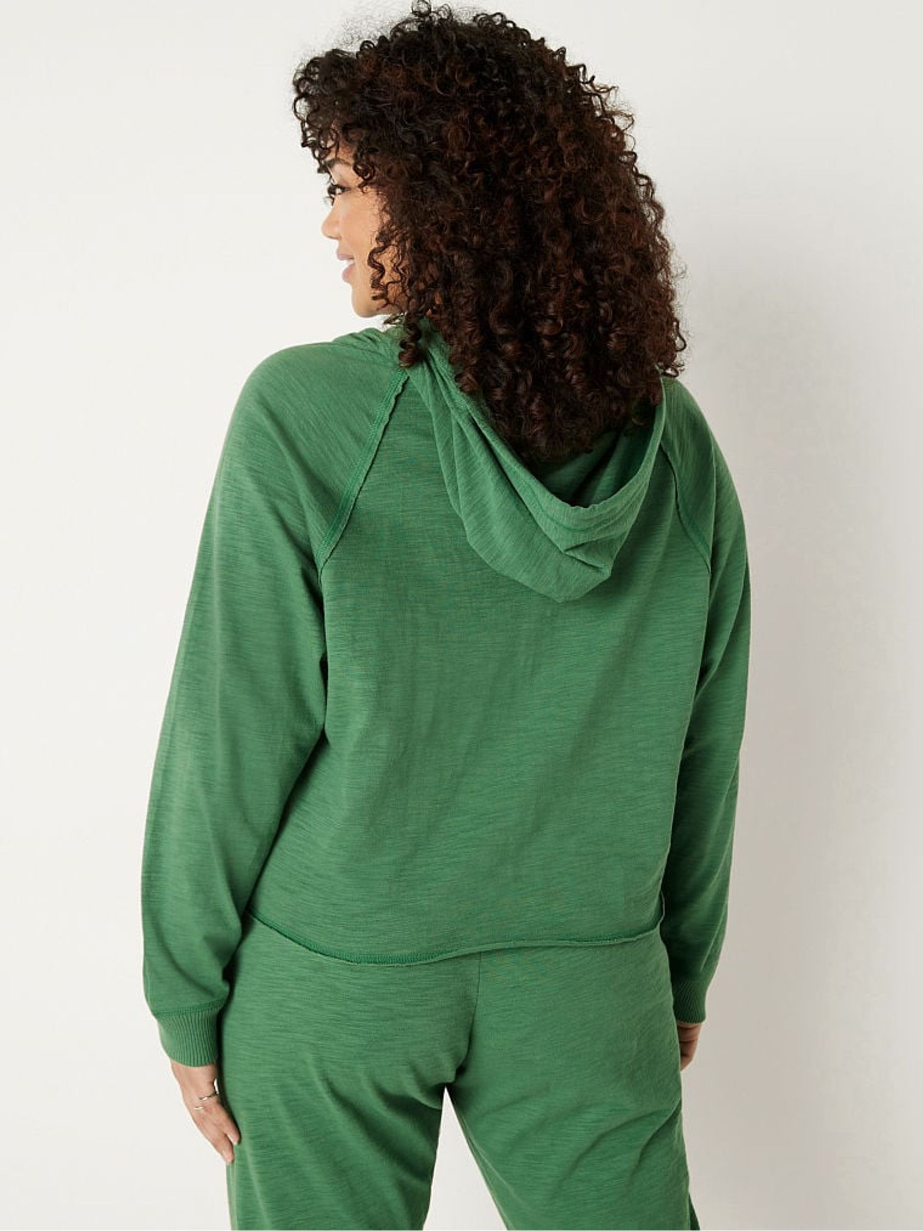 Forest Pine Green Cotton Slub Crop Cut Off Full Zip Hoodie - Image 2 of 4