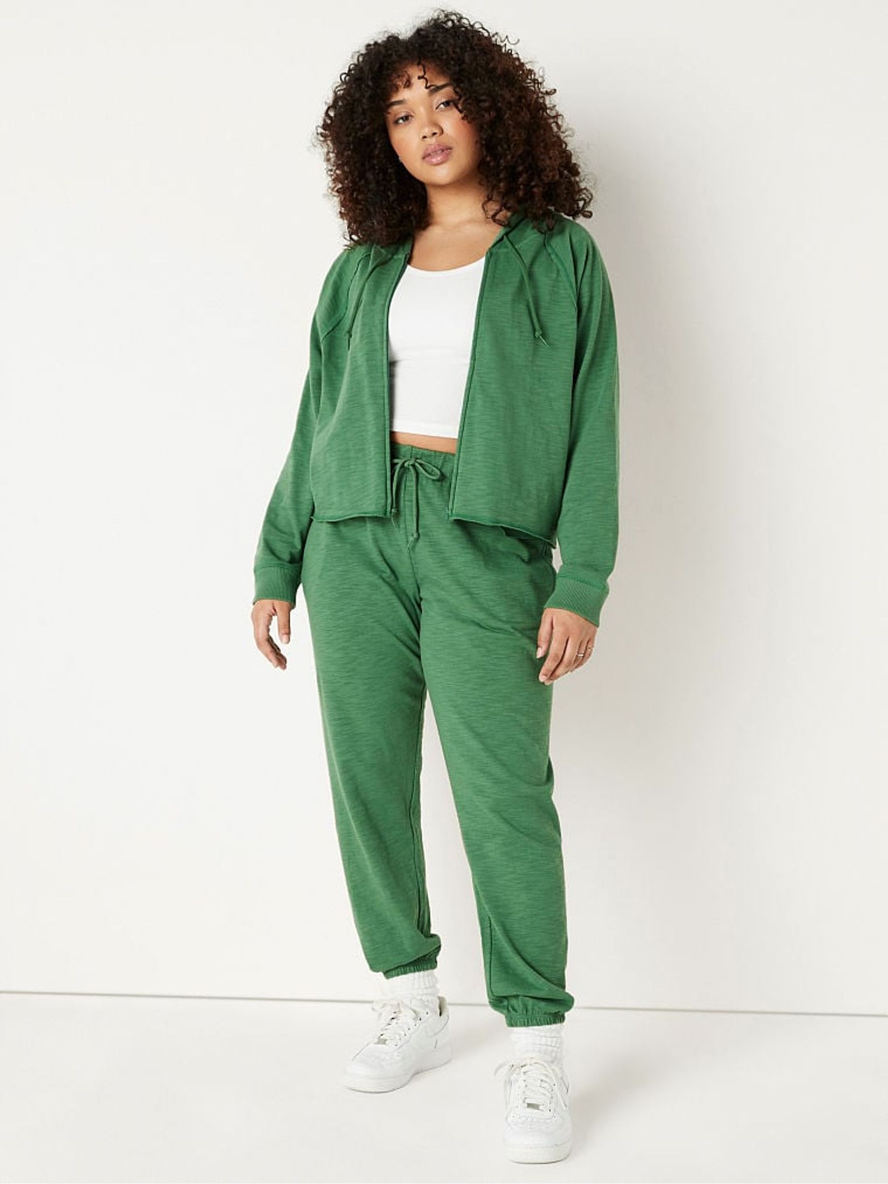 Forest Pine Green Cotton Slub Crop Cut Off Full Zip Hoodie - Image 3 of 4