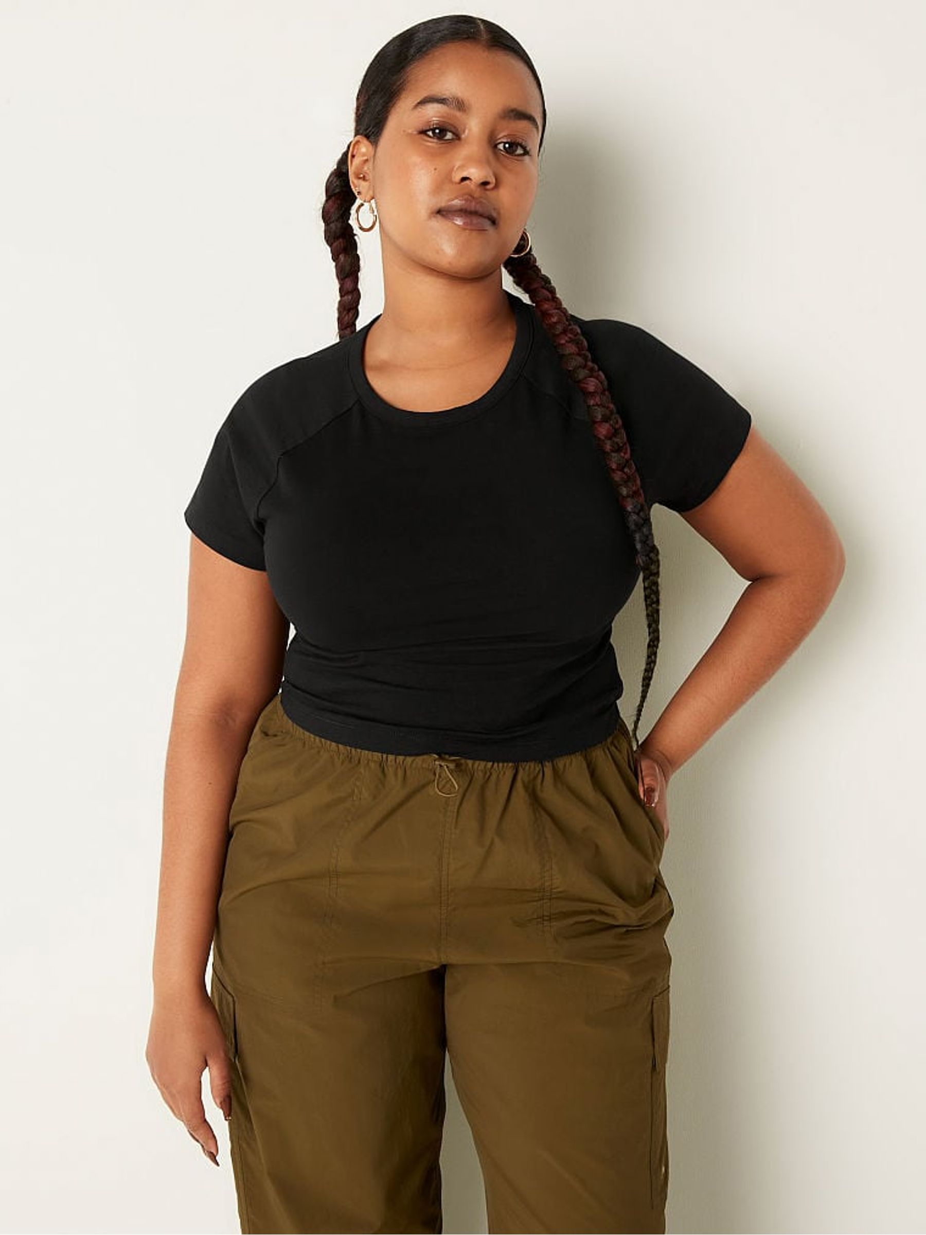 Pure Black Cotton ShortSleeve Raglan Crop Top - Image 1 of 4