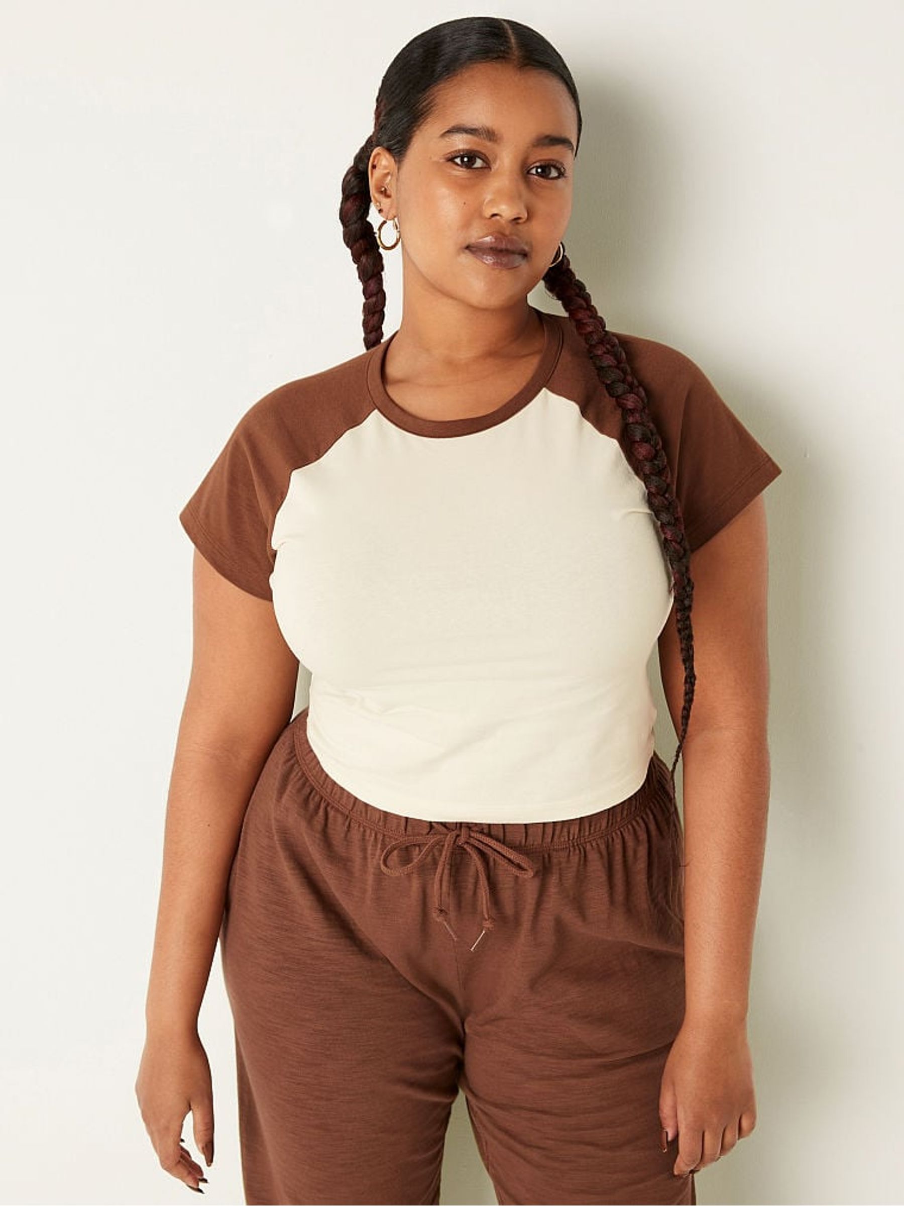 Soft Cappuccino Brown Cotton ShortSleeve Raglan Crop Top - Image 1 of 4