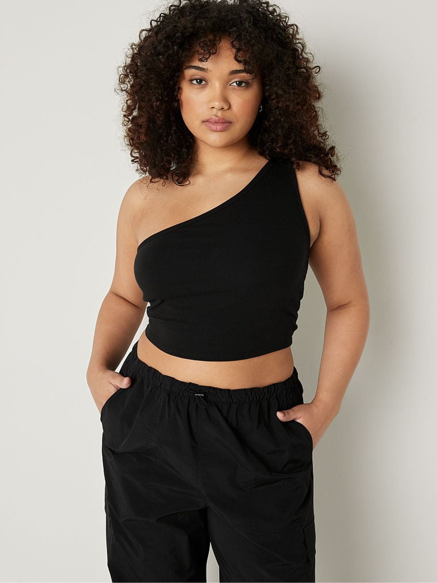 Pure Black Shrunken One Shoulder Shelf Tank - Image 1 of 4