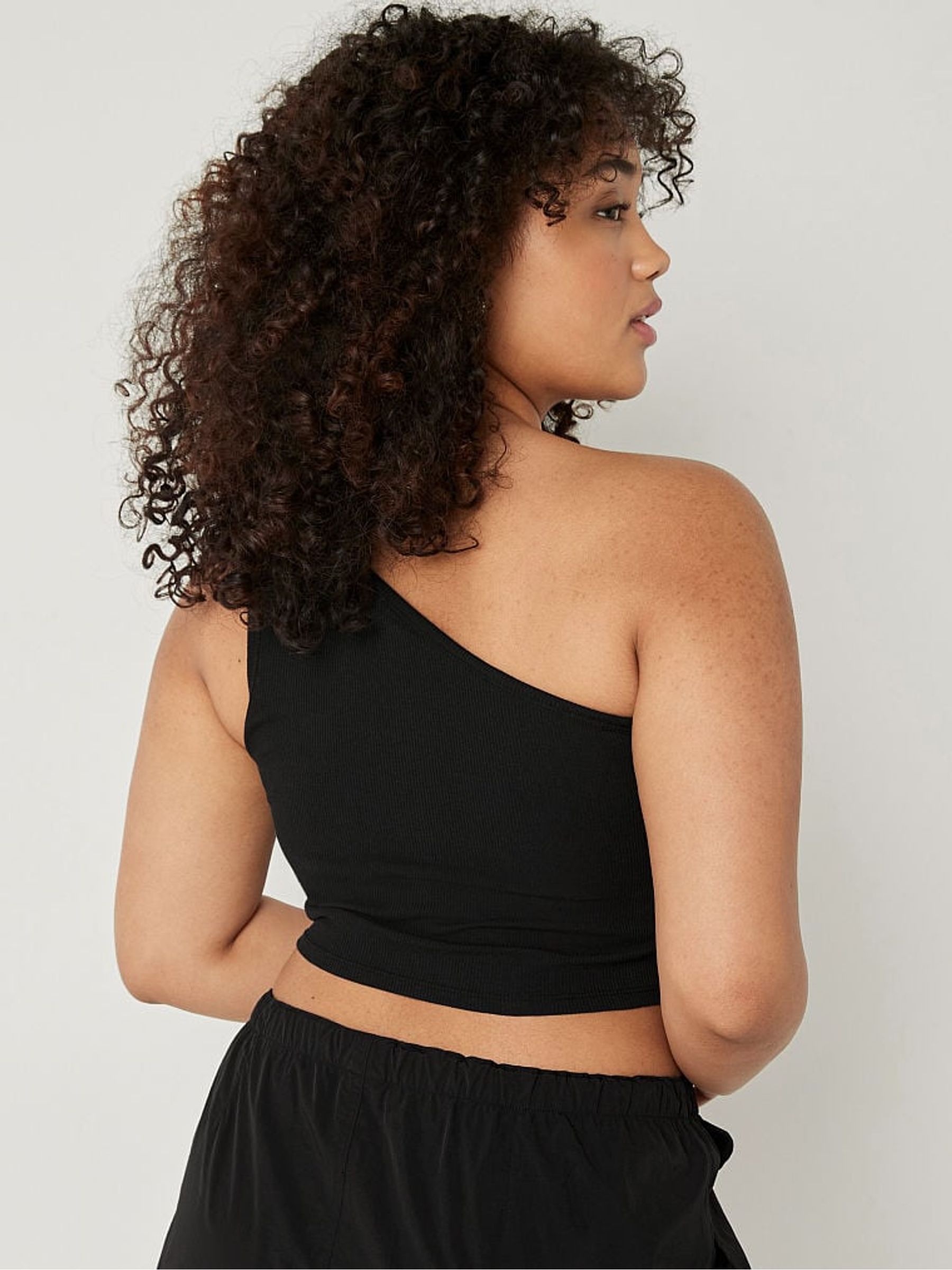 Pure Black Shrunken One Shoulder Shelf Tank - Image 2 of 4