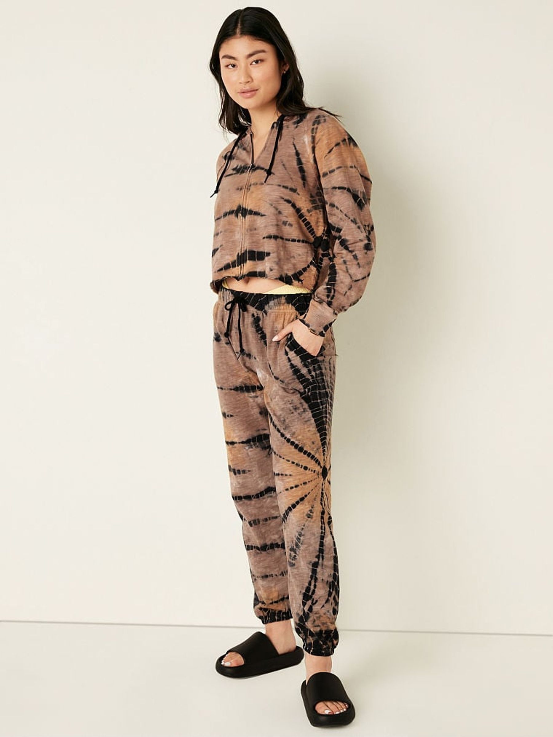 Oslo Burst Tie Dye Brown Cotton Slub Cropped Zip Up Hoodie - Image 3 of 5