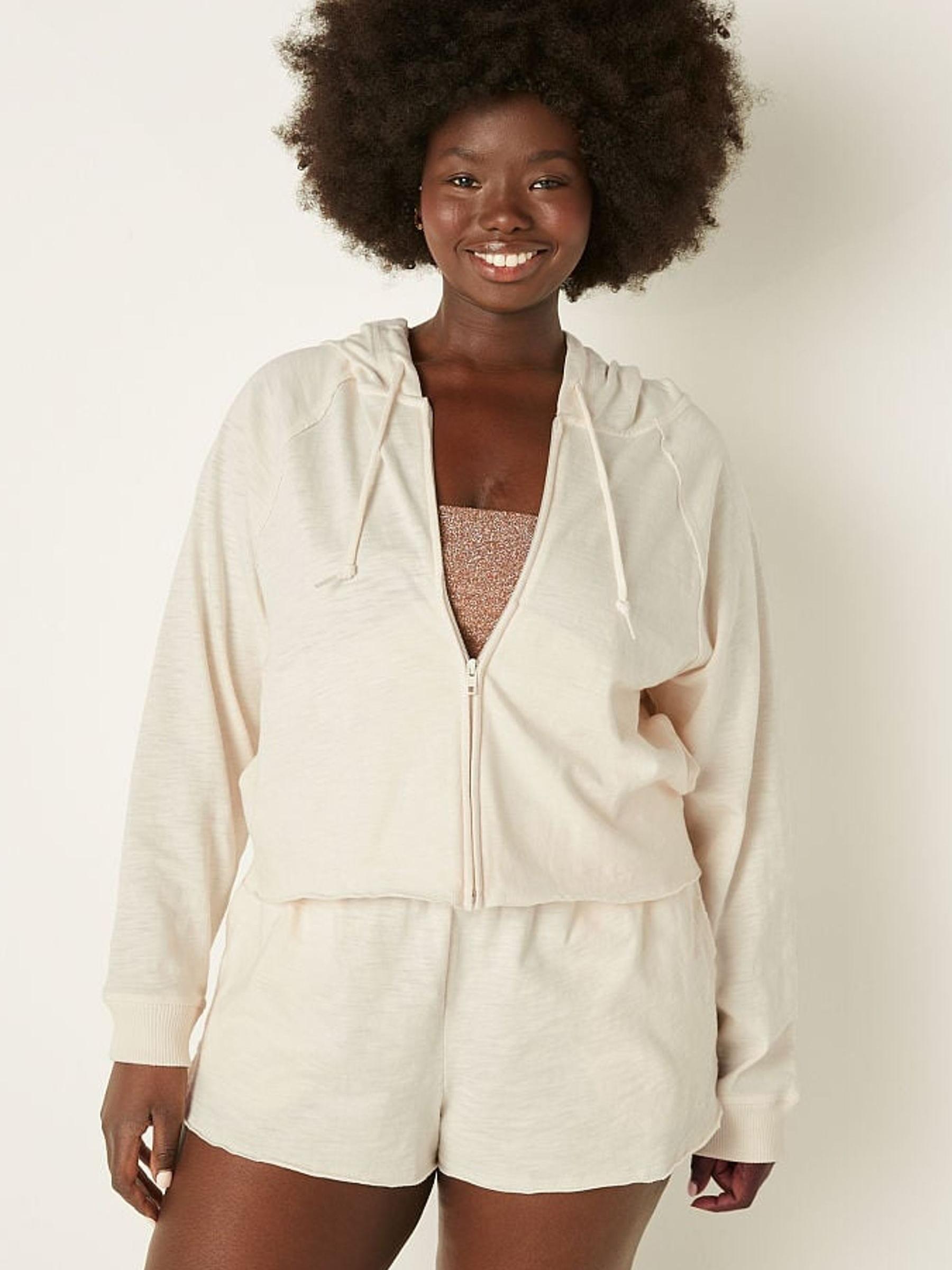Cream Cotton Slub Crop Cut Off Full Zip Jacket - Image 1 of 4