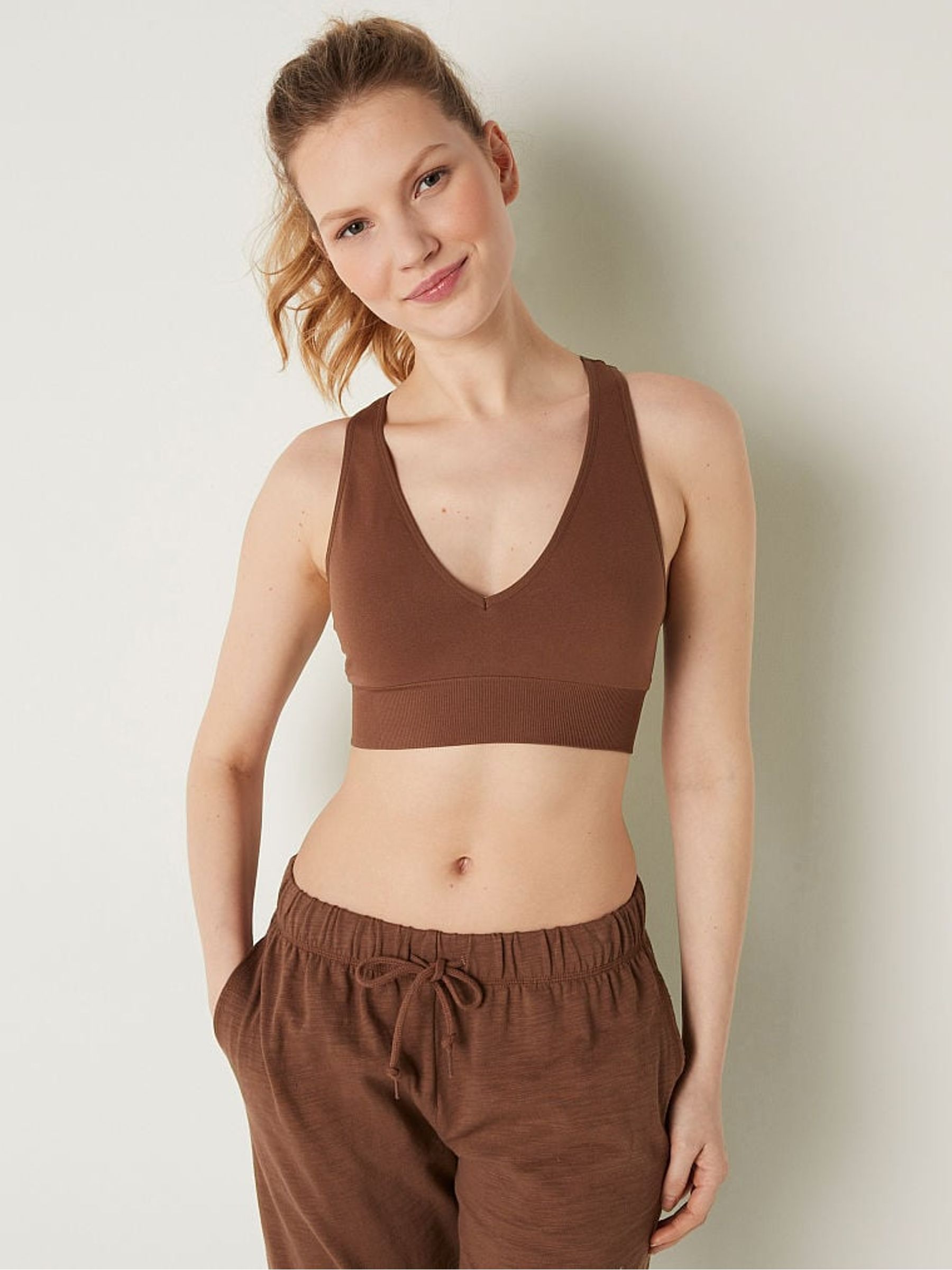 Soft Cappuccino Brown Seamless Plunge Bralette - Image 1 of 4