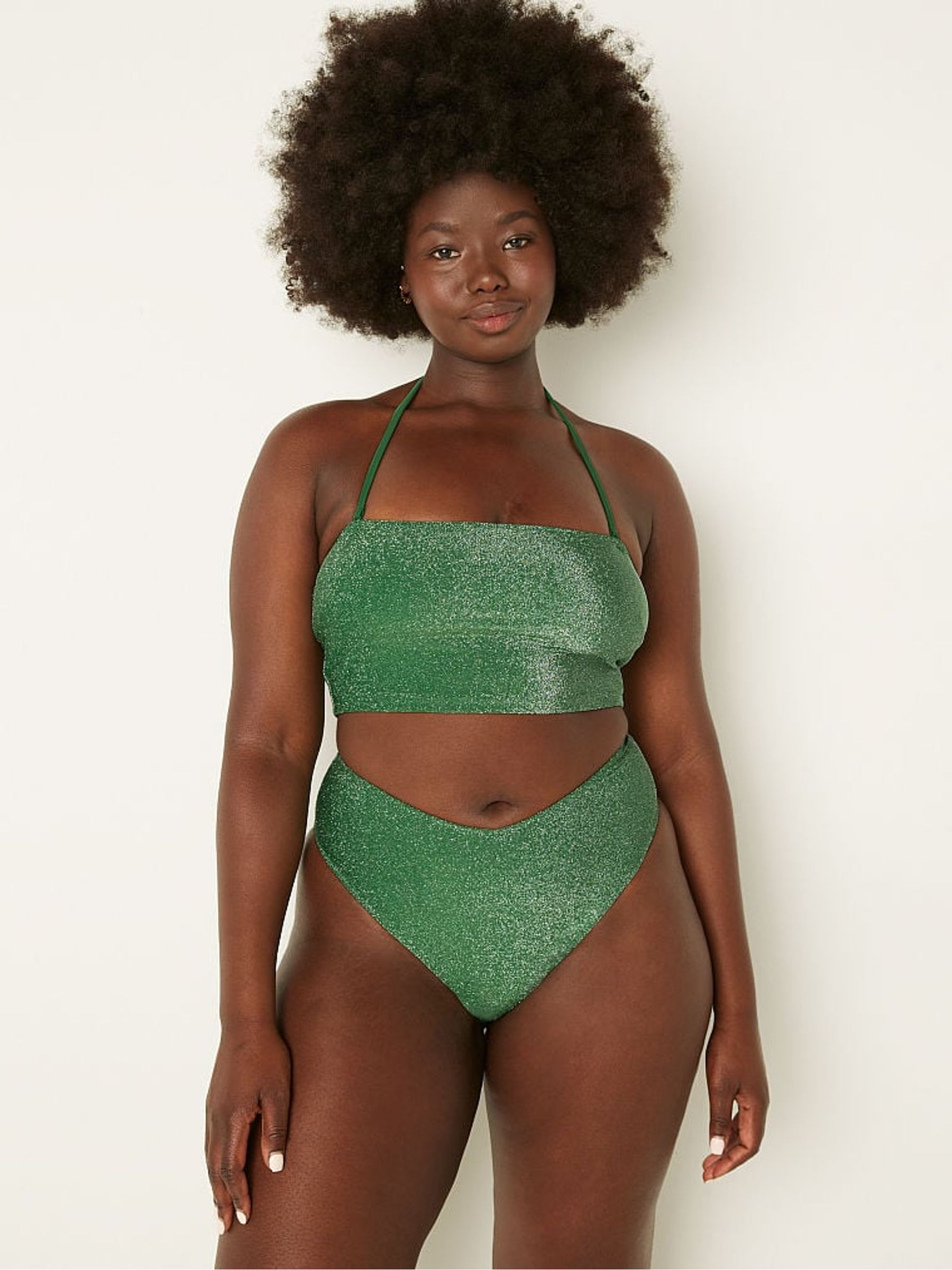 Forest Pine Green Brazilian Shimmer High Waist Cheeky Bikini Bottom - Image 1 of 4