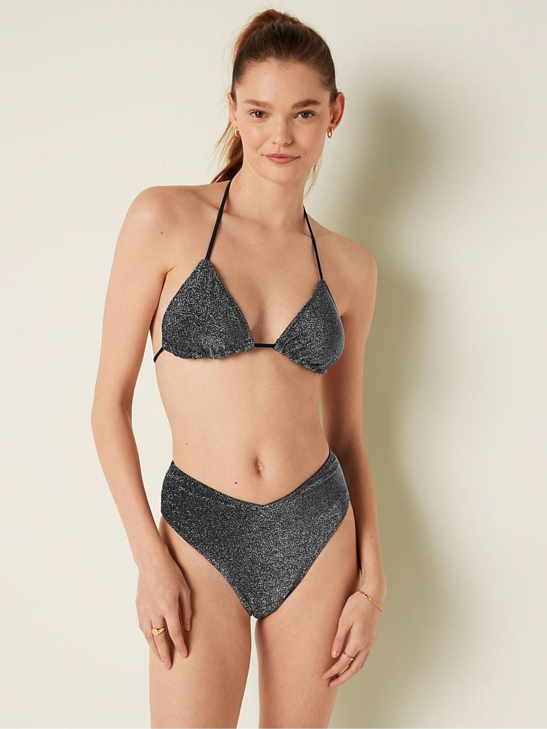 Pure Black Brazilian Shimmer High Waist Cheeky Bikini Bottom - Image 1 of 4