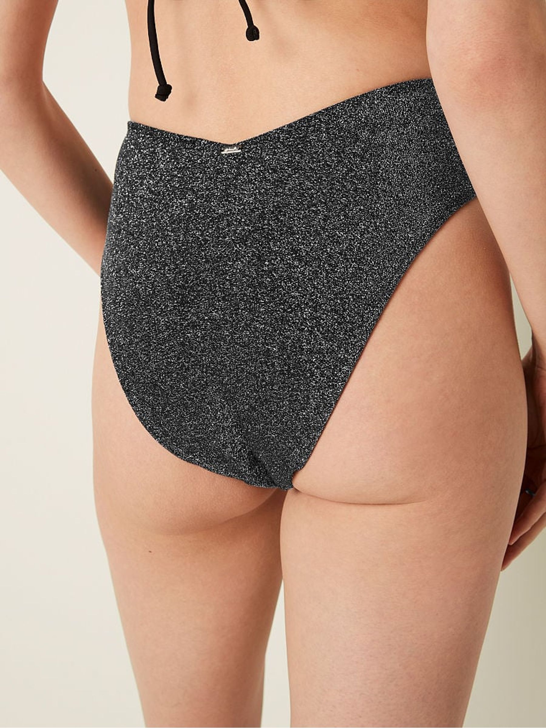 Pure Black Brazilian Shimmer High Waist Cheeky Bikini Bottom - Image 2 of 4