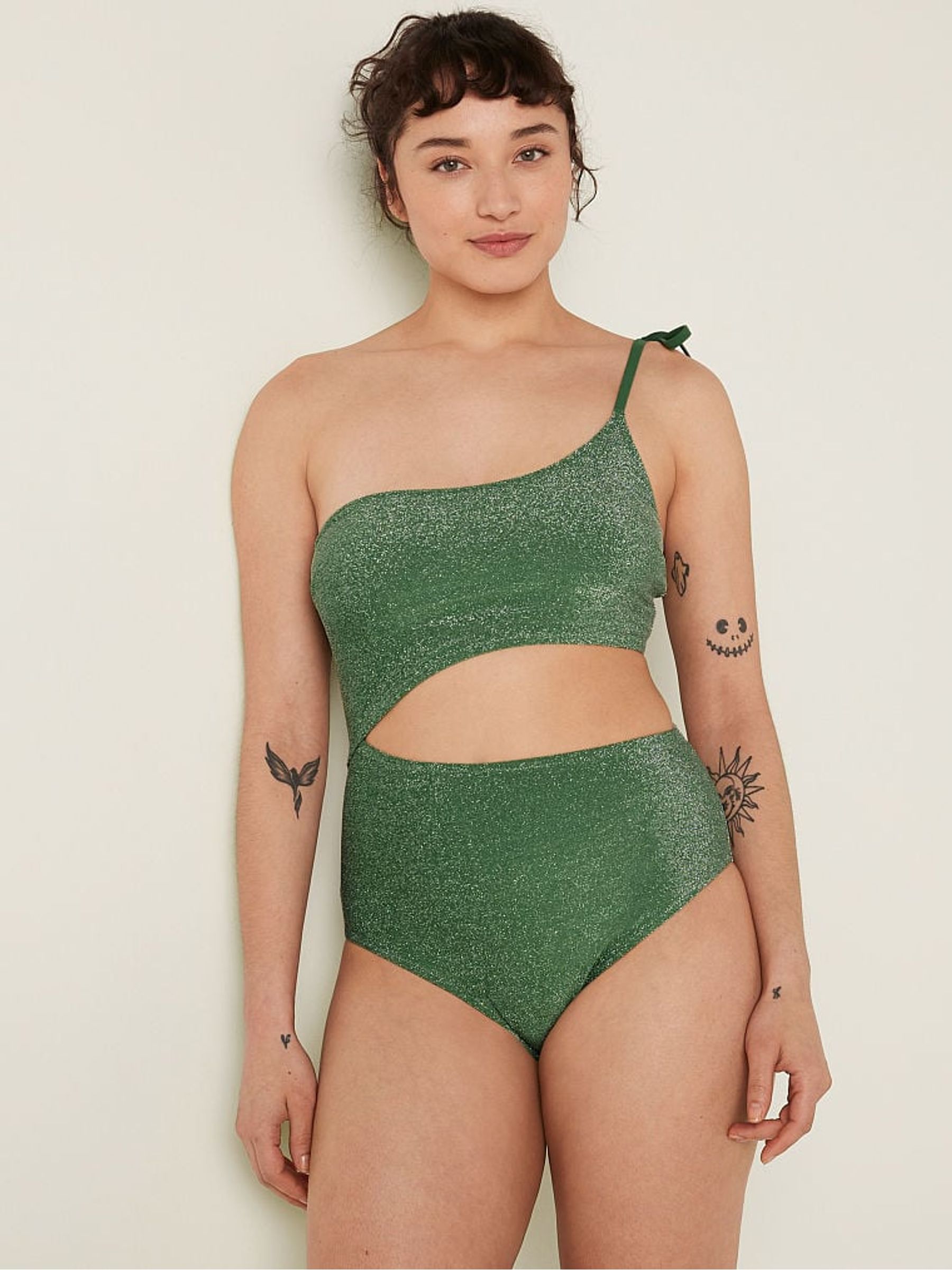 Forest Pine Green Shimmer One Shoulder OnePiece Swimsuit - Image 1 of 4