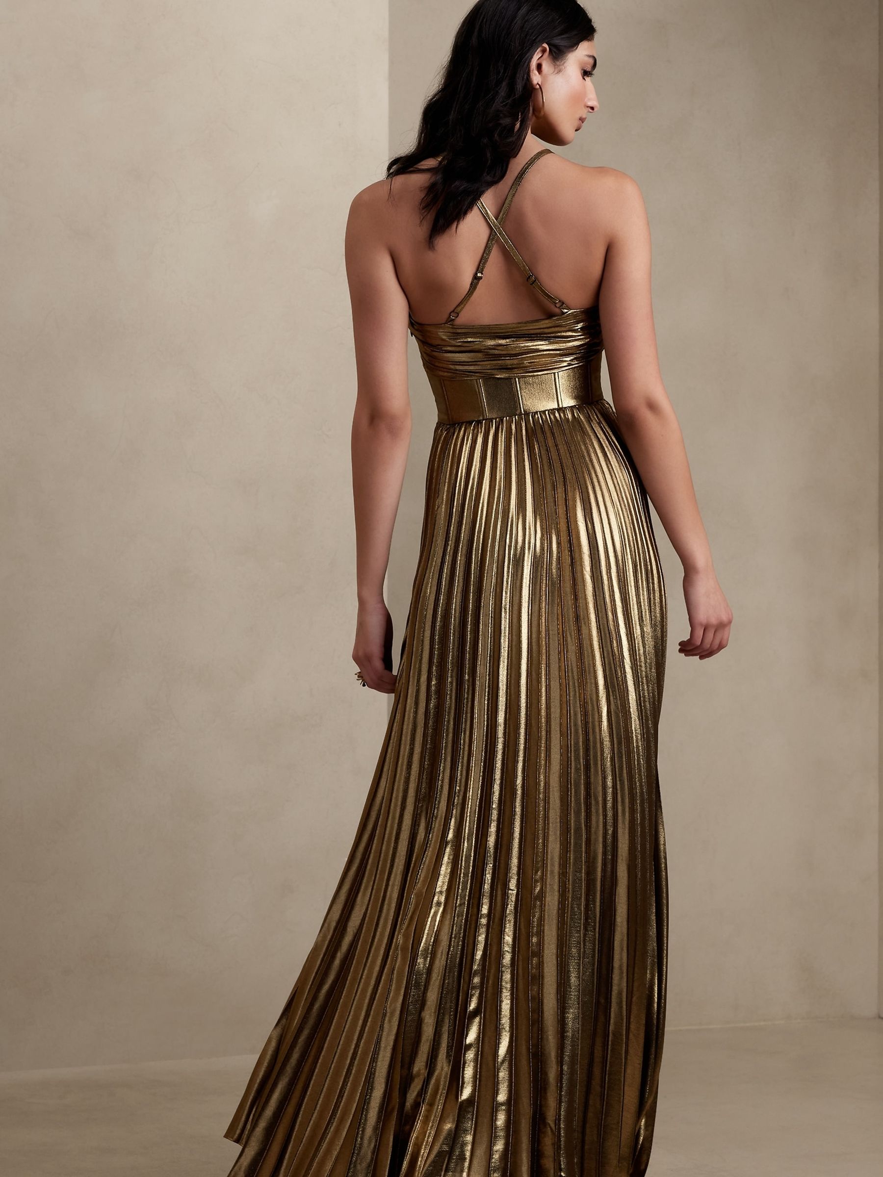 Banana Republic Gold Raggiera Pleated Dress - Image 2 of 4