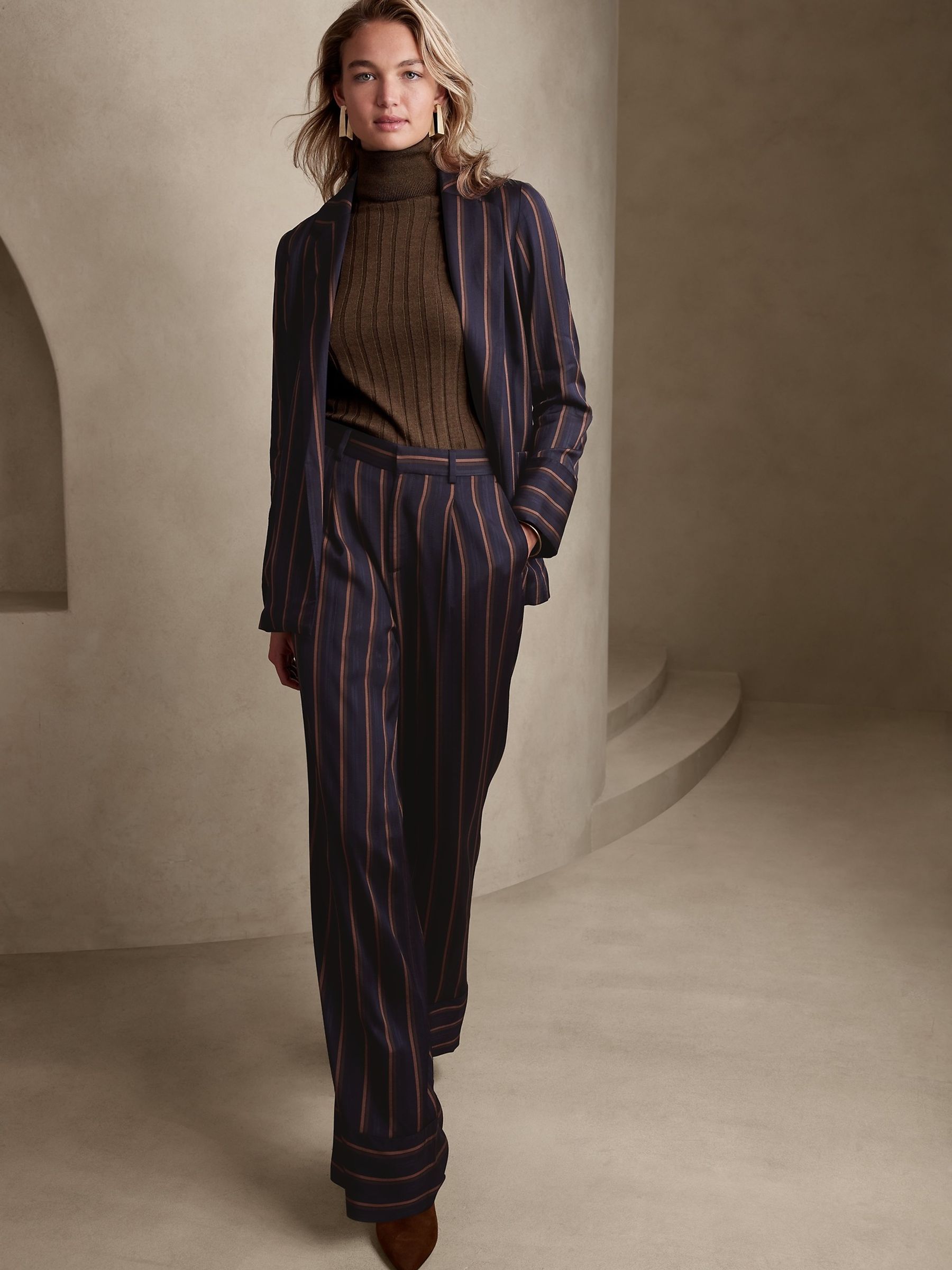 Banana Republic Navy Blue Stripes Spencer Suit Jacket - Image 1 of 5