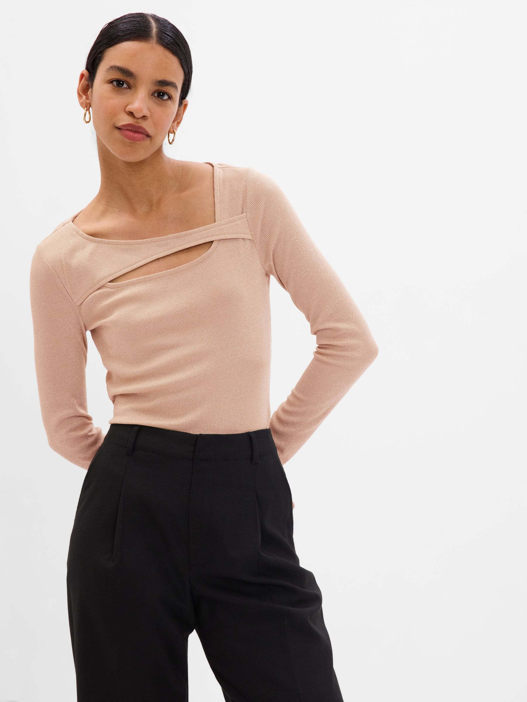 Beige Cut-Out Neckline Long Sleeve T-Shirt - Image 1 of 1