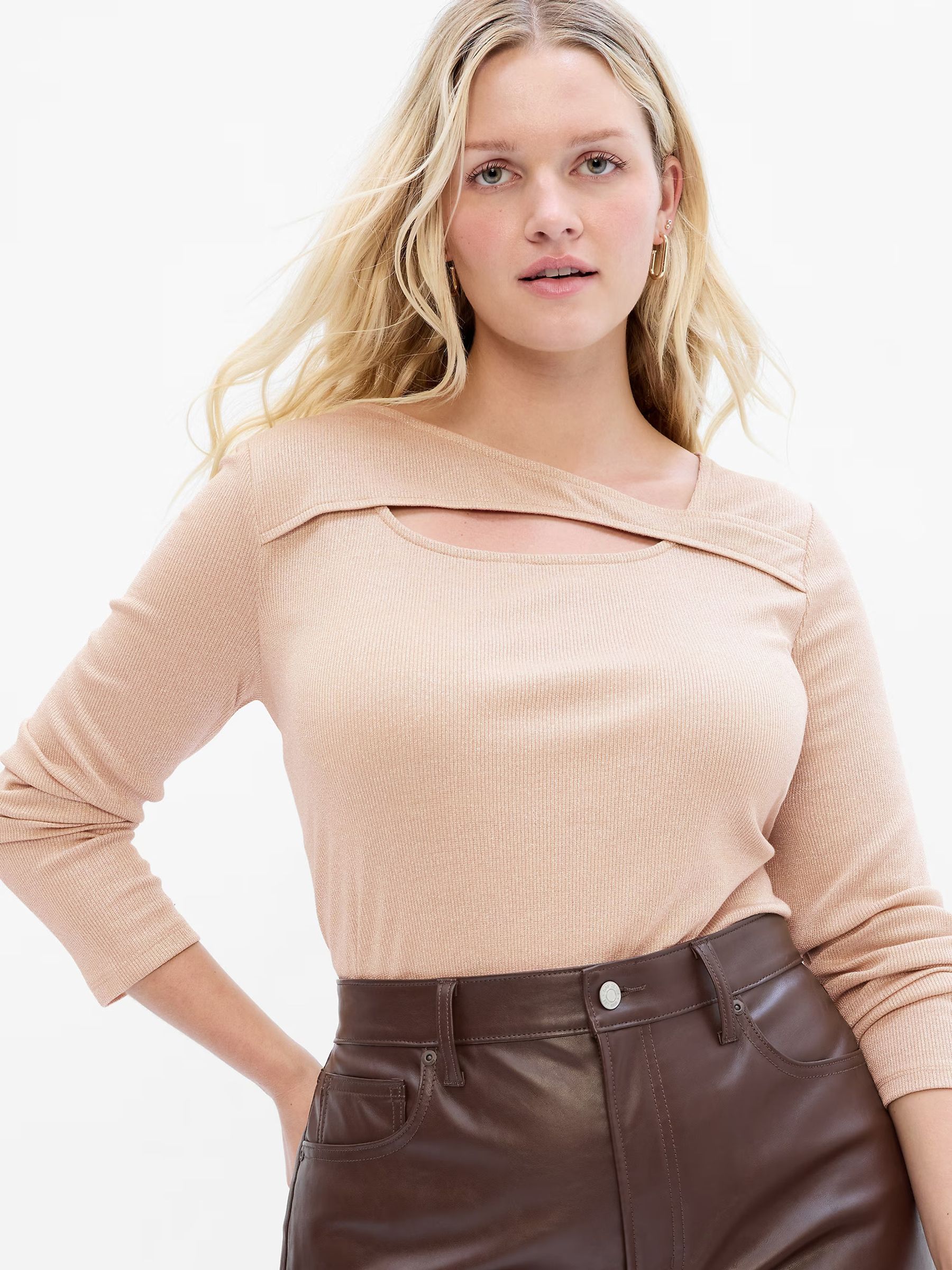 Beige Cut-Out Neckline Long Sleeve T-Shirt - Image 1 of 3 Beige Cut-Out Neckline Long Sleeve T-Shirt - Image 1 of 3