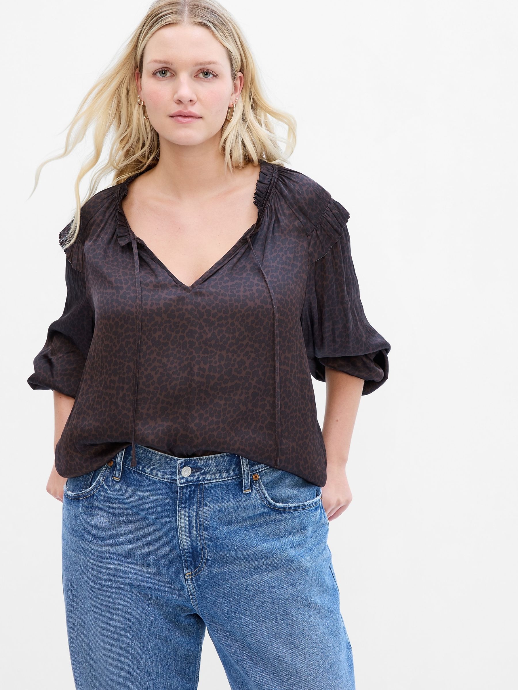 Brown Tie-Front Ruffle Top - Image 1 of 1