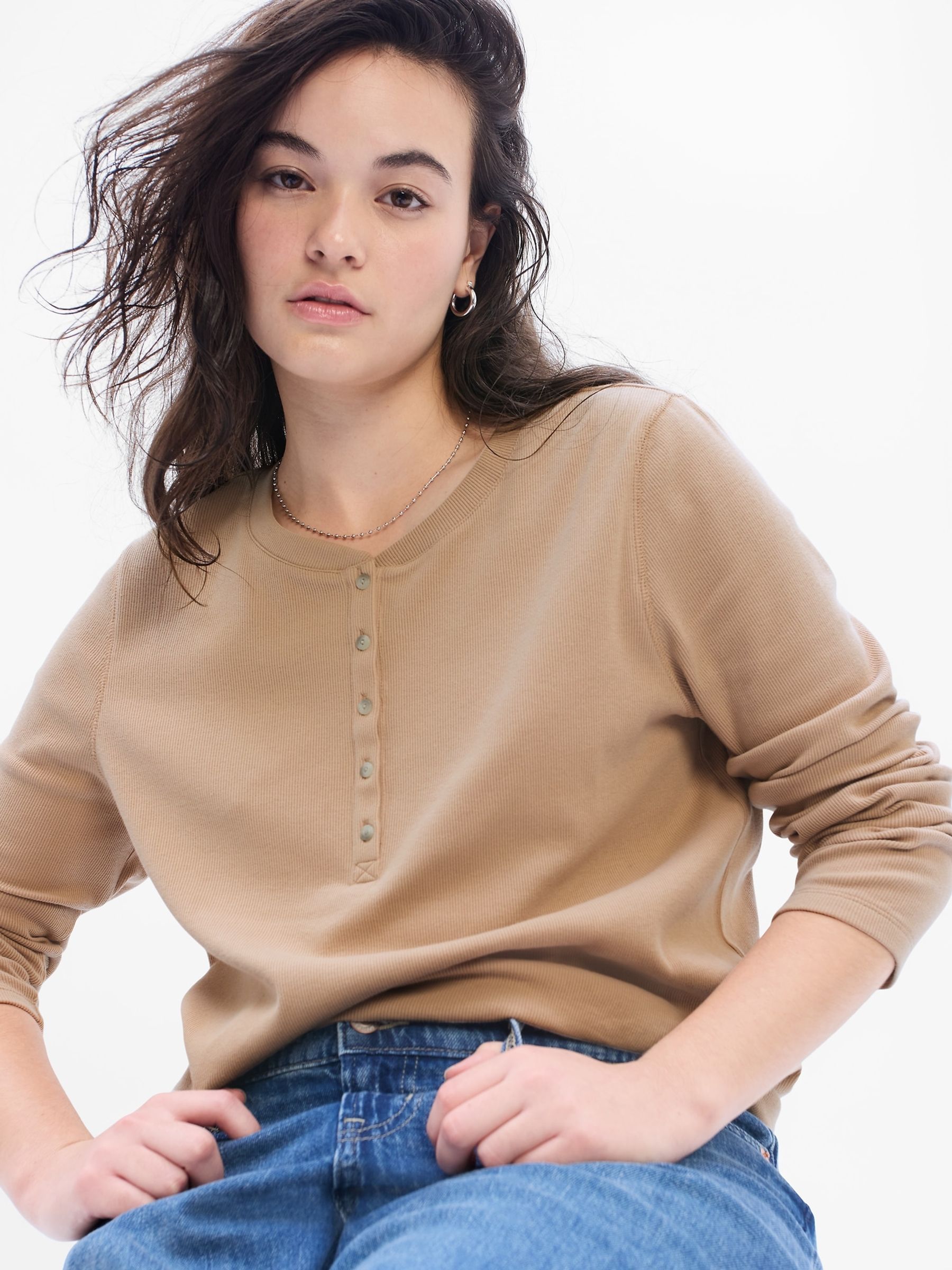 Beige Ribbed Long Sleeve Crew Neck Henley T-Shirt - Image 1 of 5
