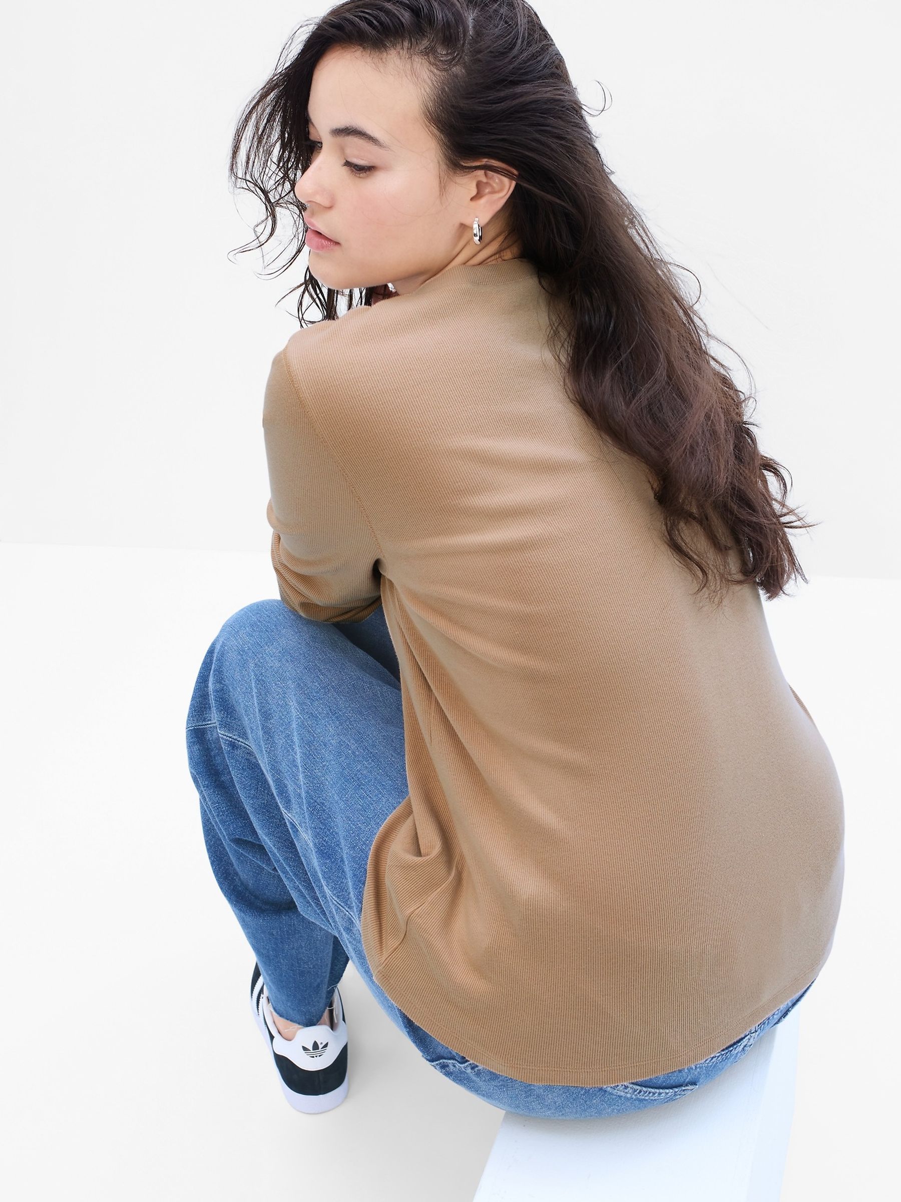 Beige Ribbed Long Sleeve Crew Neck Henley T-Shirt - Image 2 of 5