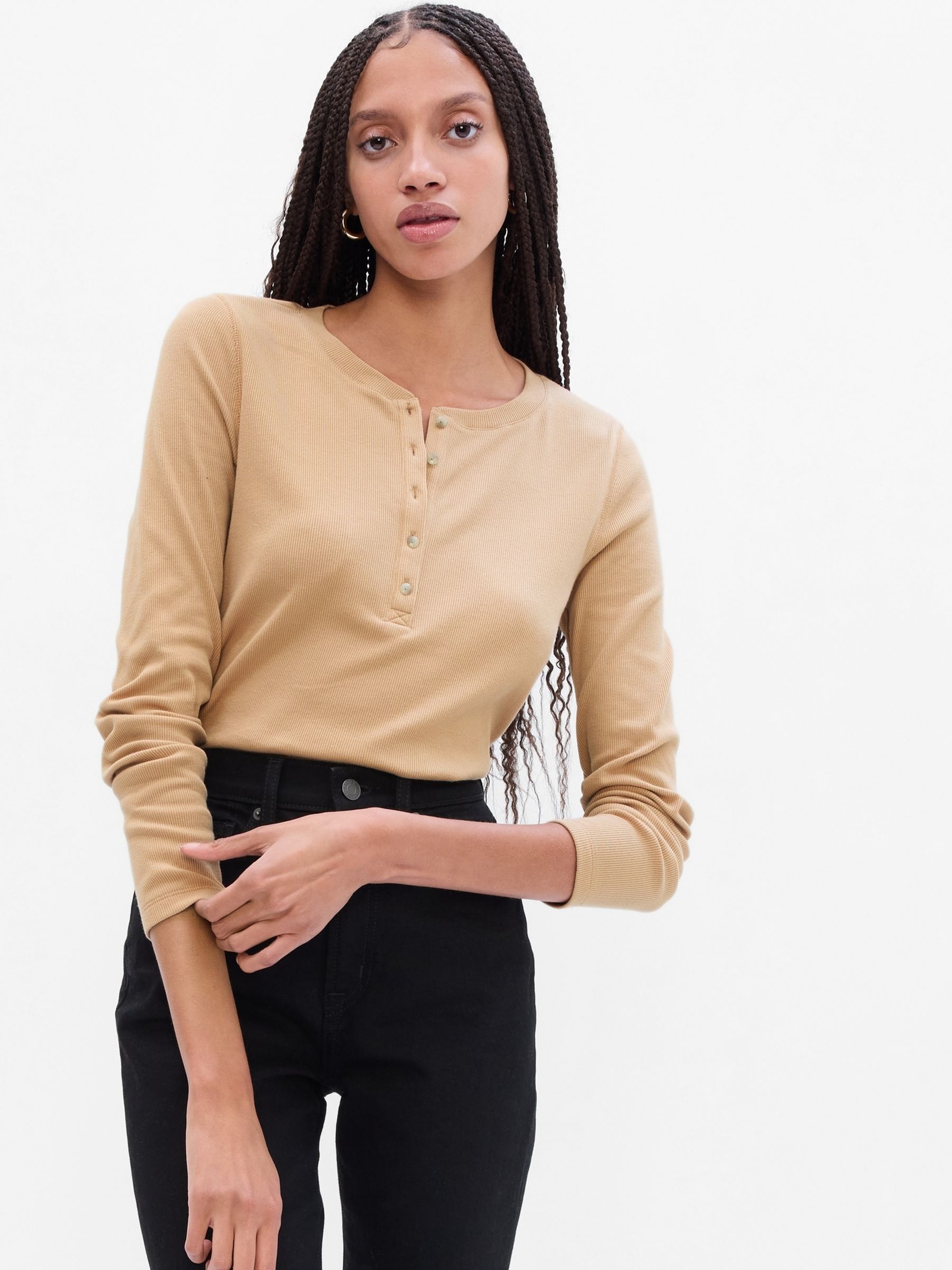 Beige Ribbed Long Sleeve Crew Neck Henley T-Shirt - Image 3 of 5