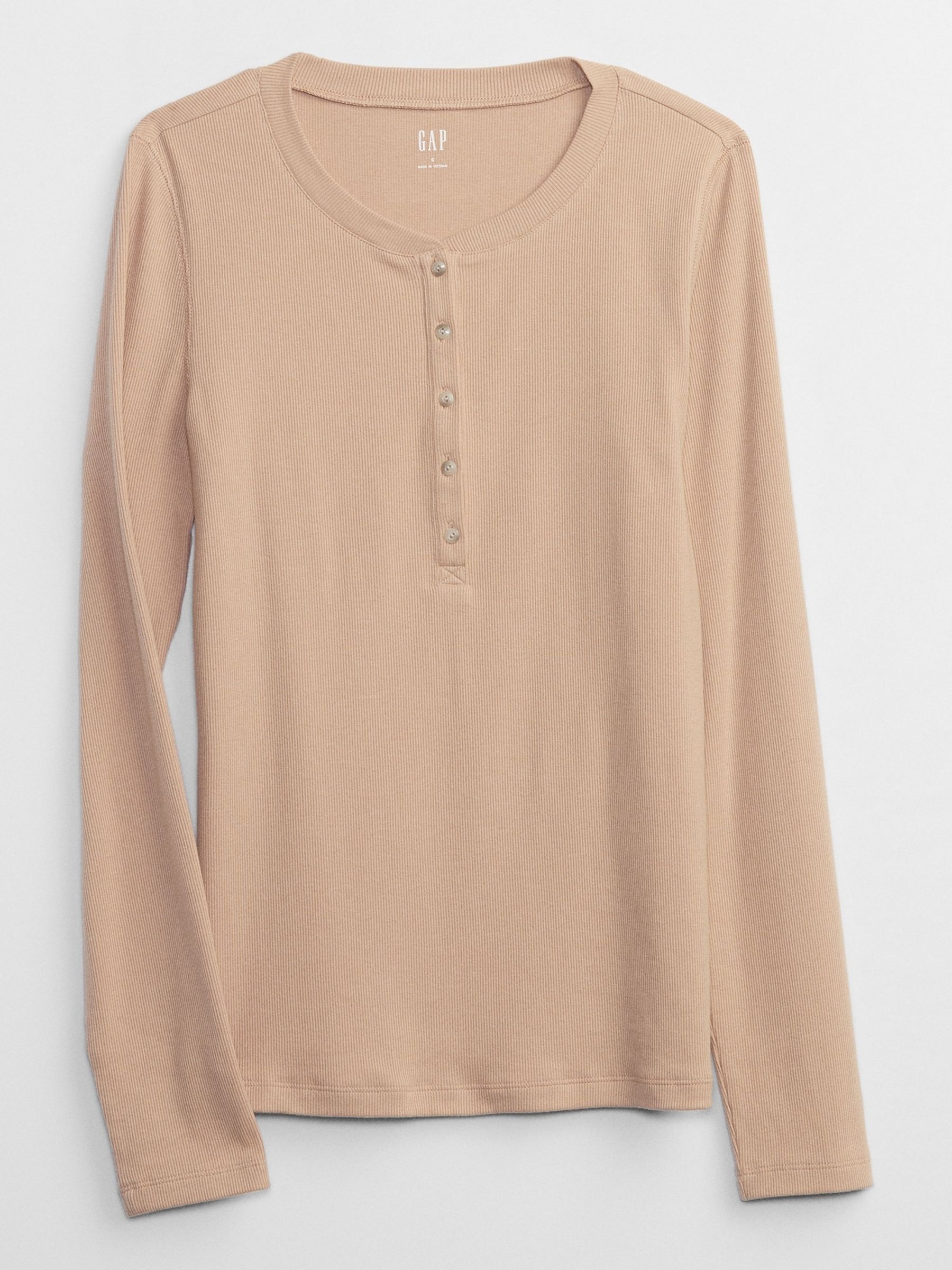 Beige Ribbed Long Sleeve Crew Neck Henley T-Shirt - Image 4 of 5