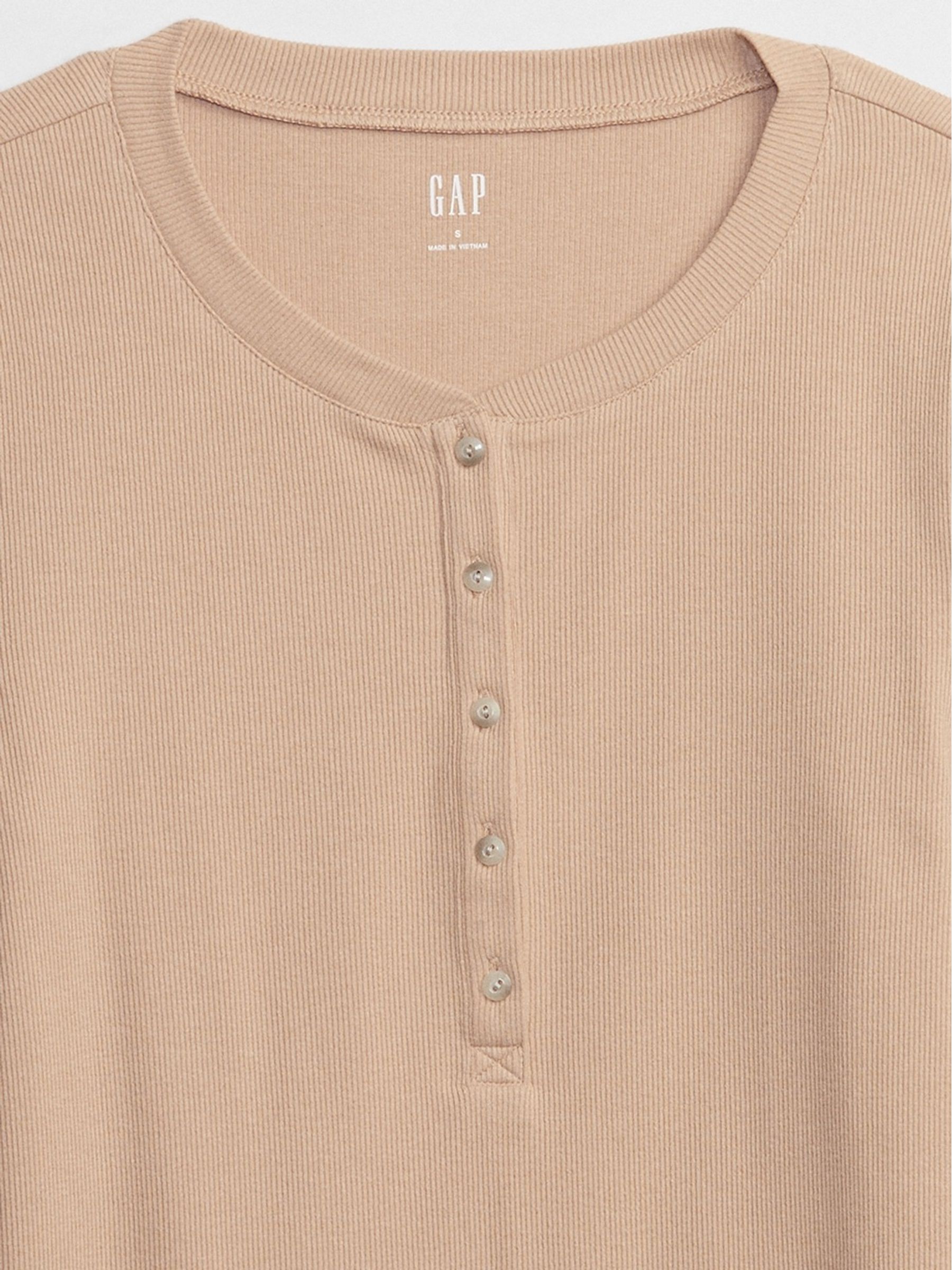 Beige Ribbed Long Sleeve Crew Neck Henley T-Shirt - Image 5 of 5