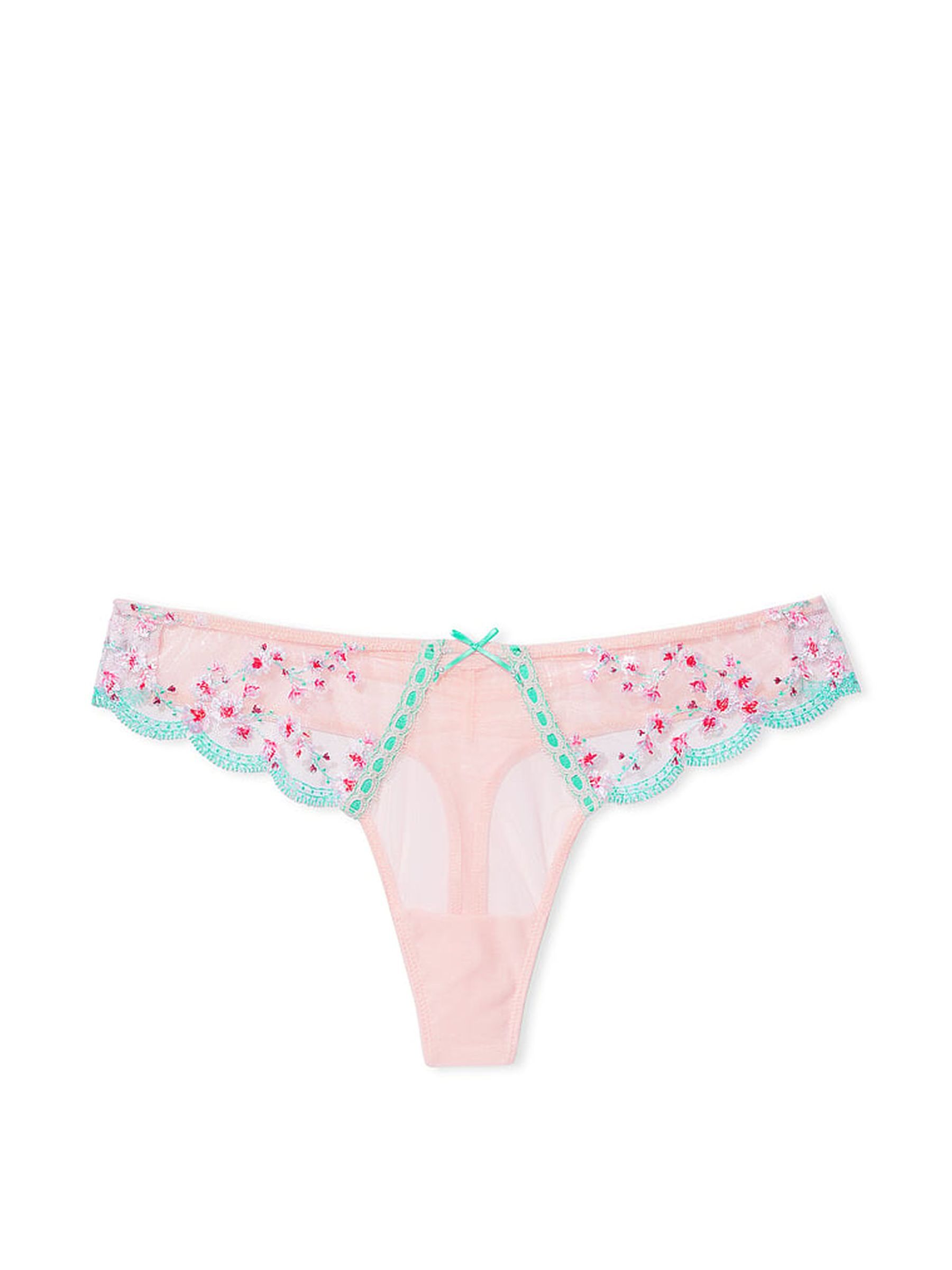 Ballet Pink Thong Cherry Blossom Embroidered Knickers - Image 1 of 3