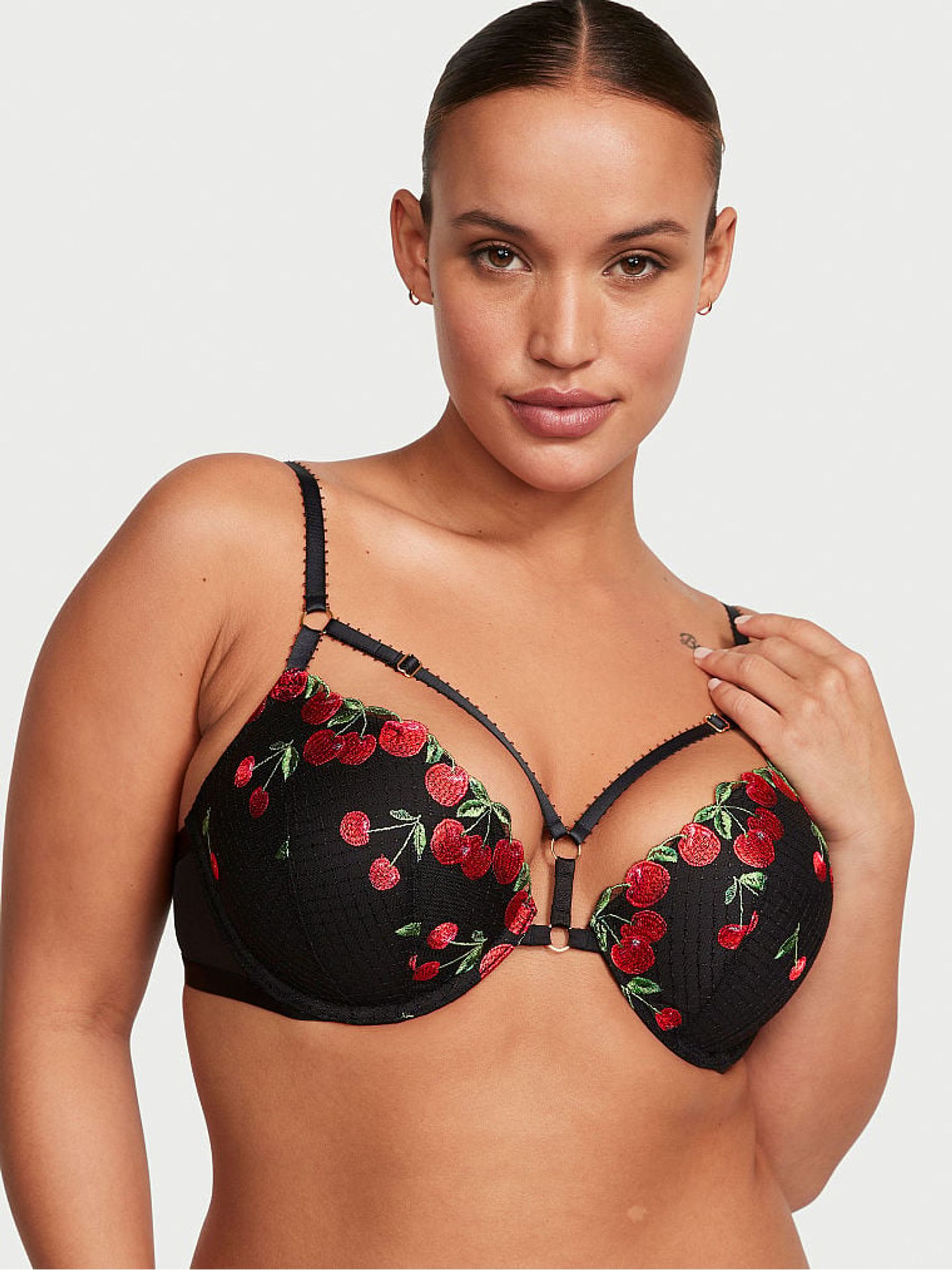 Cherry Black Push Up Embroidered Bra - Image 1 of 3