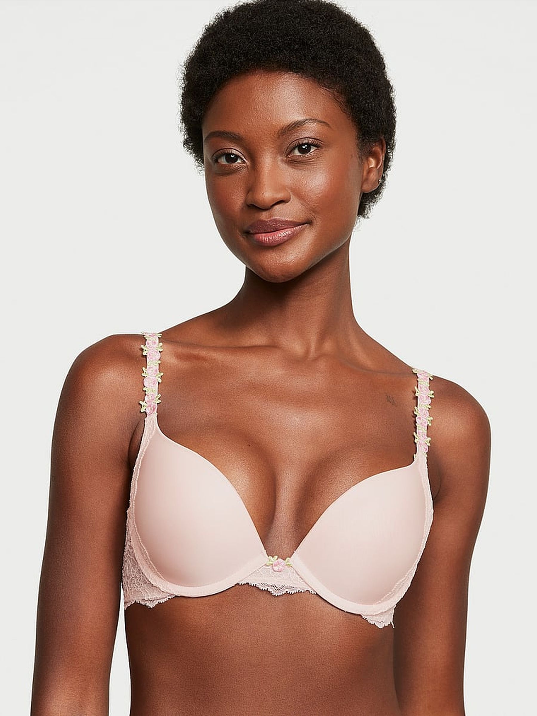 「ピンクフリフリフラワー」PINK020　9~13Tフリル ストラップレス Rosebud Pink Strap Push Up Bra | Victoria's Secret Ireland
