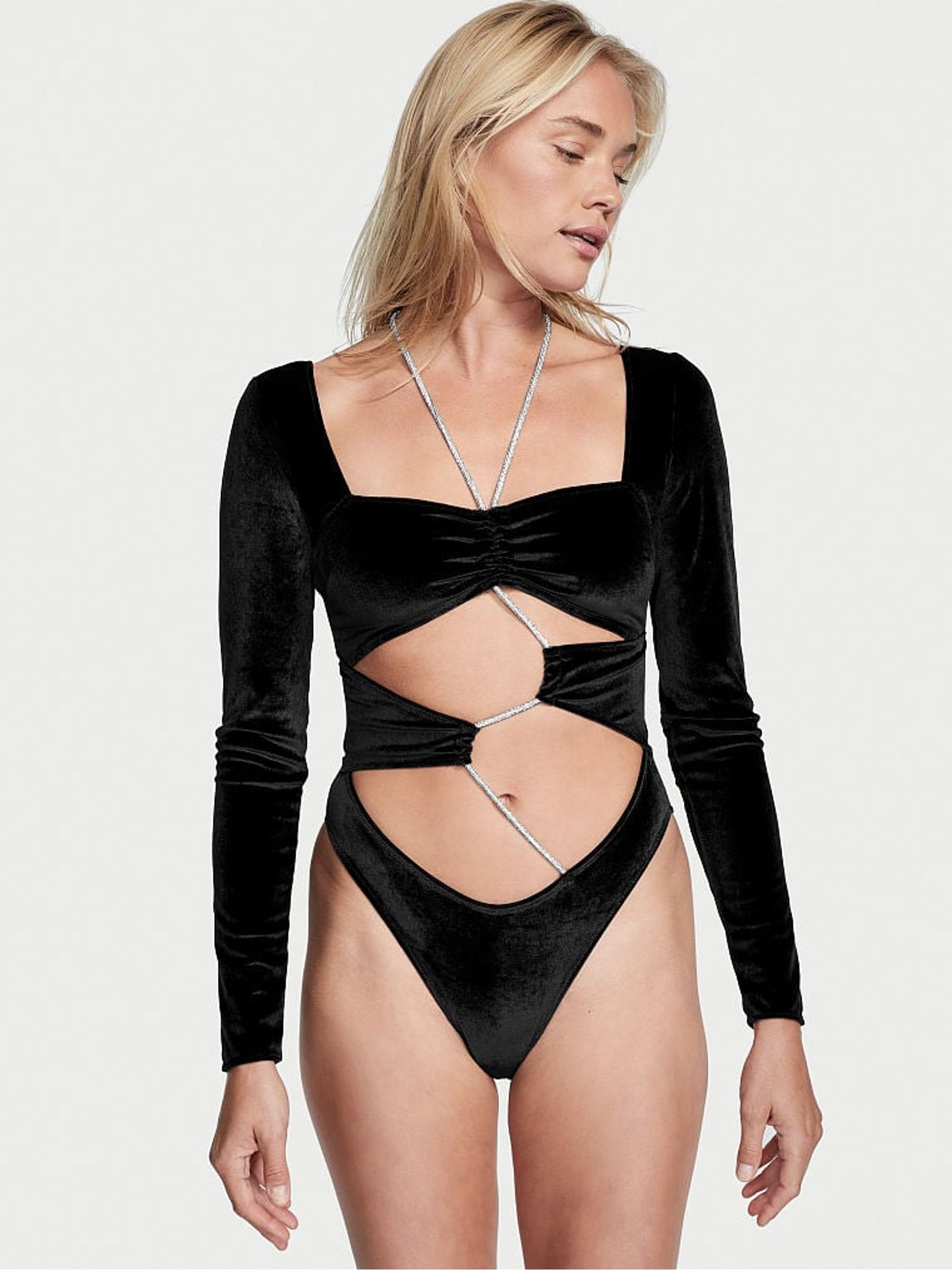 Black Long Sleeve Velvet Bodysuit - Image 1 of 3