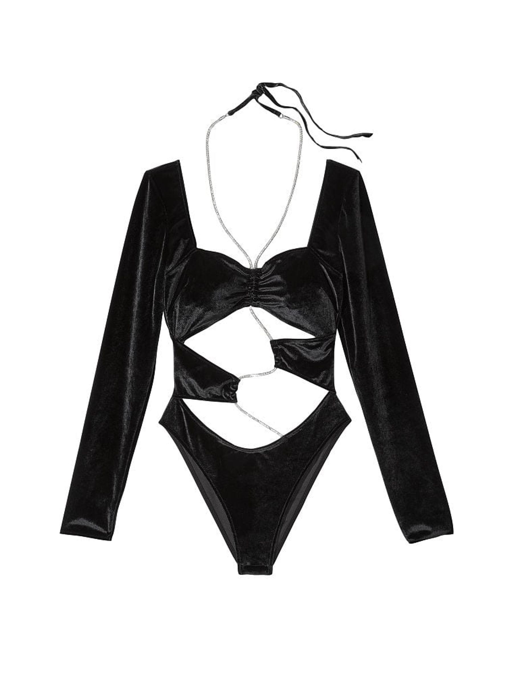 Black Long Sleeve Velvet Bodysuit - Image 3 of 3