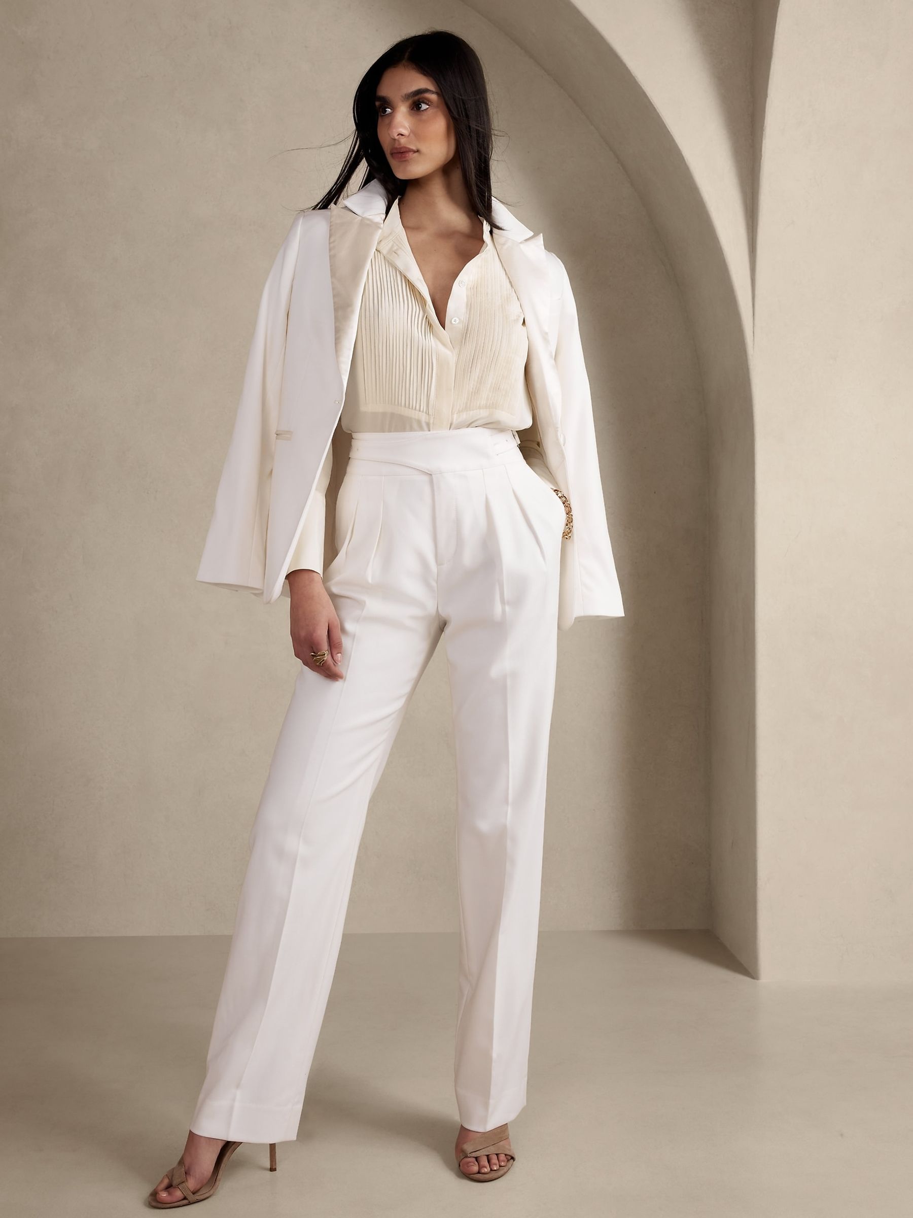 Banana Republic White Silk Tuxedo Shirt - Image 1 of 4