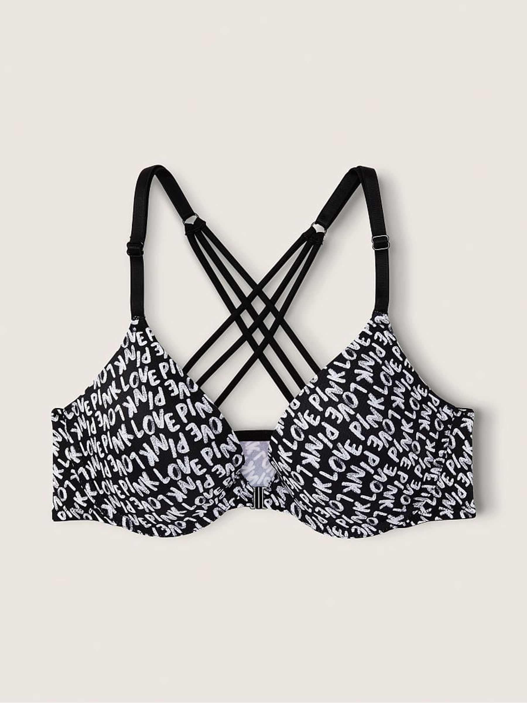 Black Logo Print Push Up Front Fastening T-Shirt Bra - Image 3 of 4