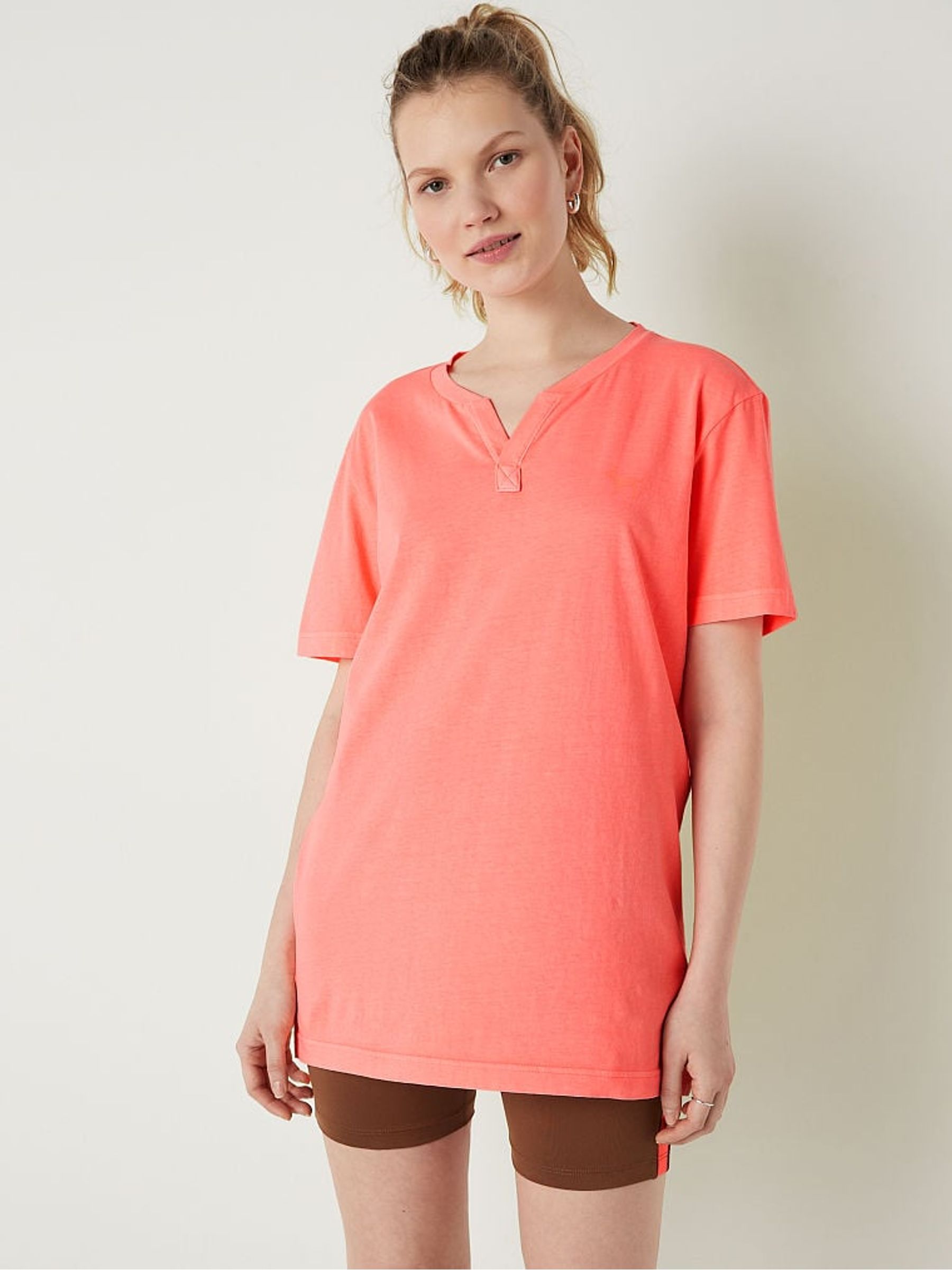 Coral Flash Orange Cotton ShortSleeve Henley Campus TShirt - Image 1 of 4