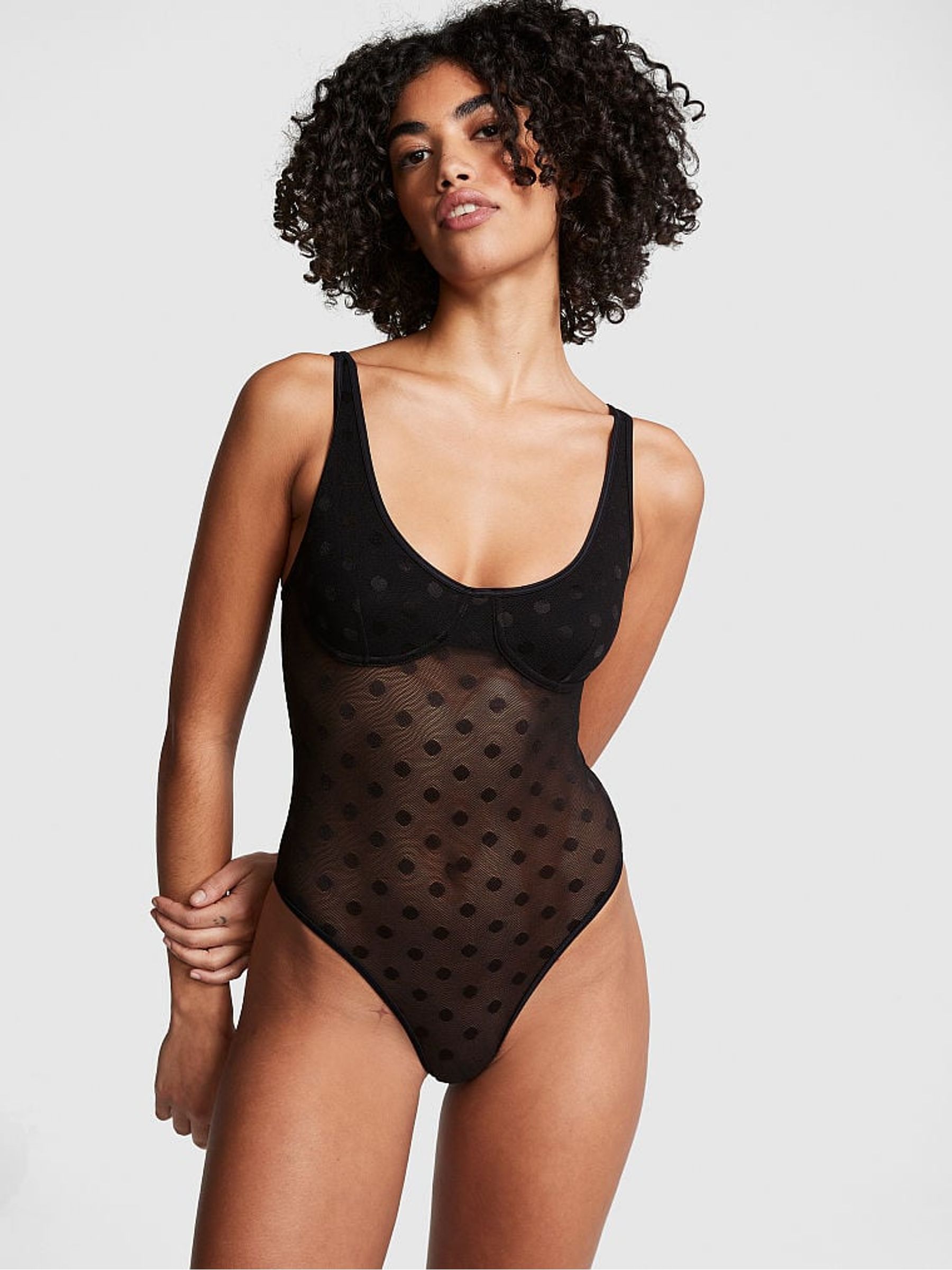 Pure Black Dot Mesh Bodysuit - Image 1 of 4