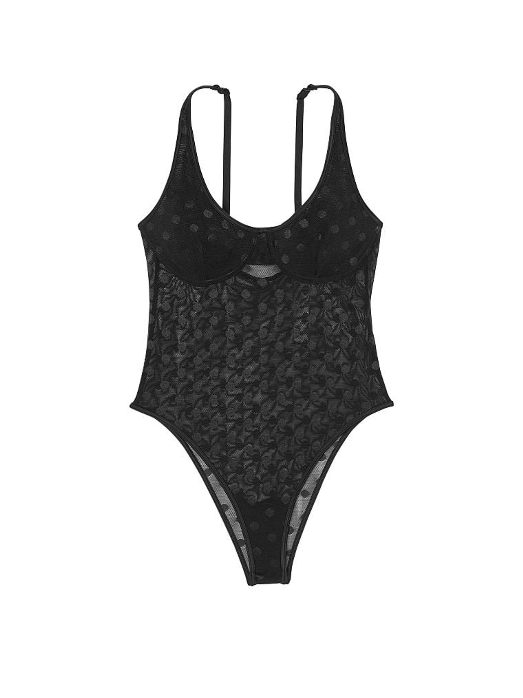 Pure Black Dot Mesh Bodysuit - Image 4 of 4