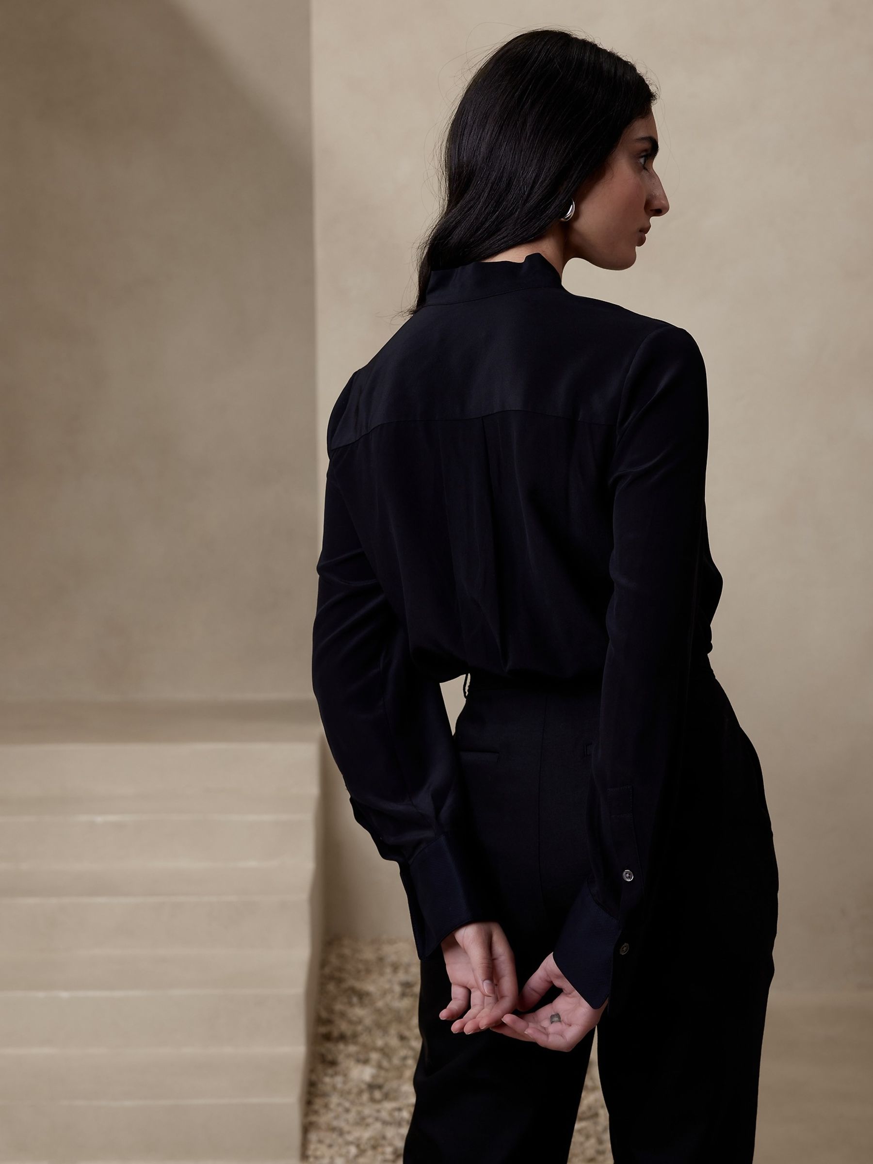 Banana Republic Black Alchemy Silk Tuxedo Longline Tunic Shirt - Image 2 of 3