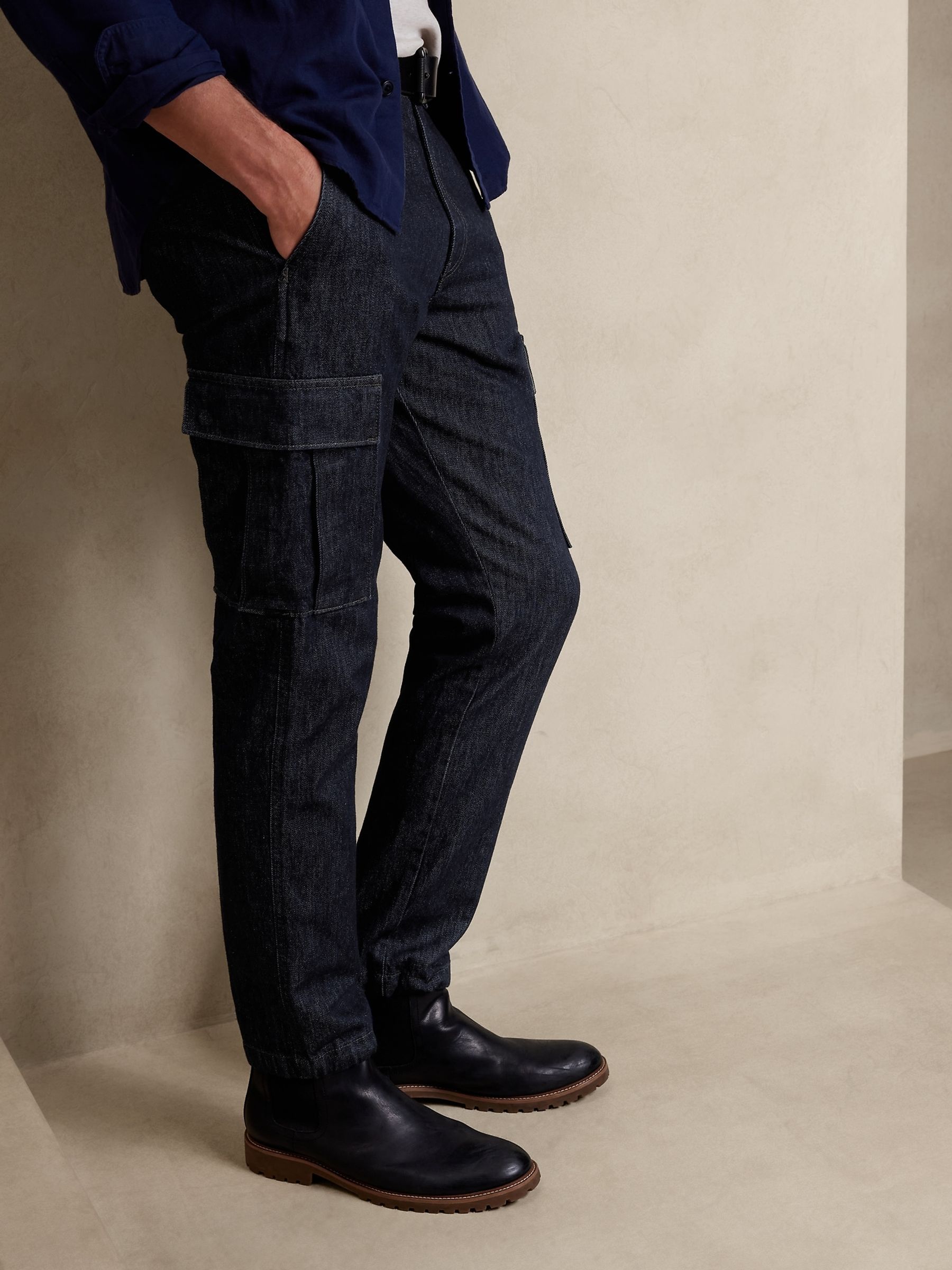Banana Republic Blue Tapered Denim Cargo trousers - Image 3 of 5