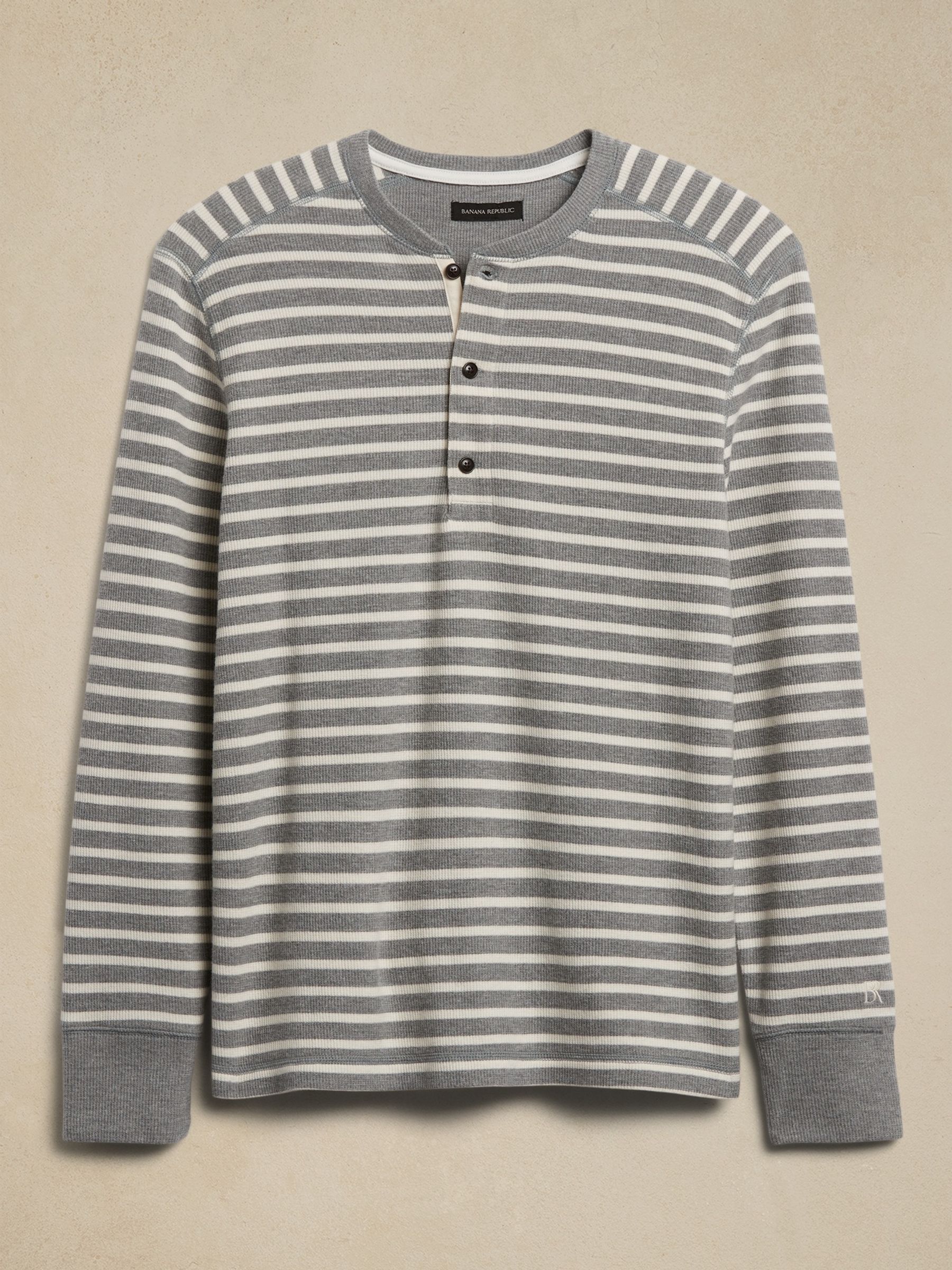 Banana Republic Grey Stripe Long Sleeve Henley T-Shirt - Image 1 of 5