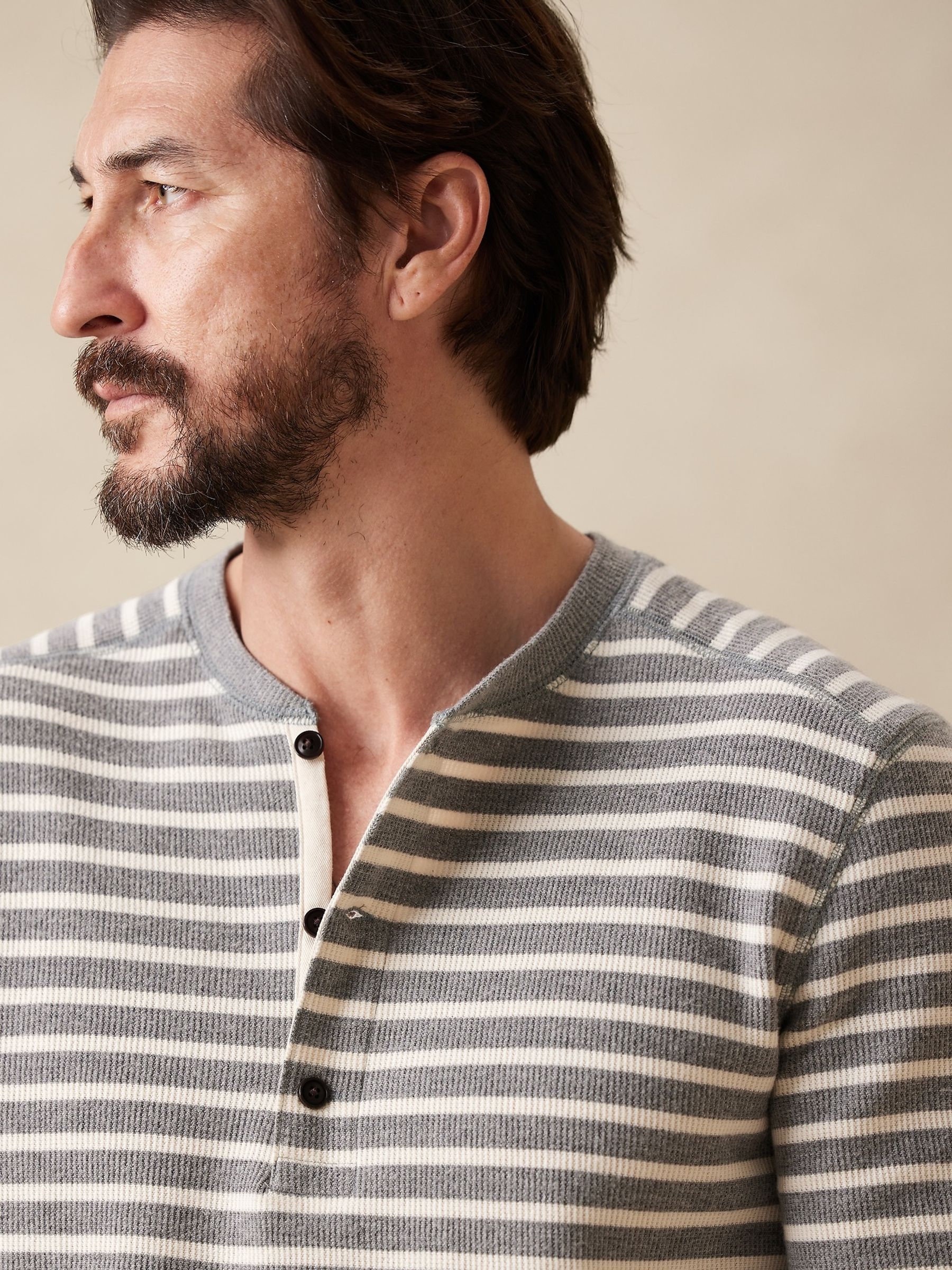 Banana Republic Grey Stripe Long Sleeve Henley T-Shirt - Image 2 of 5