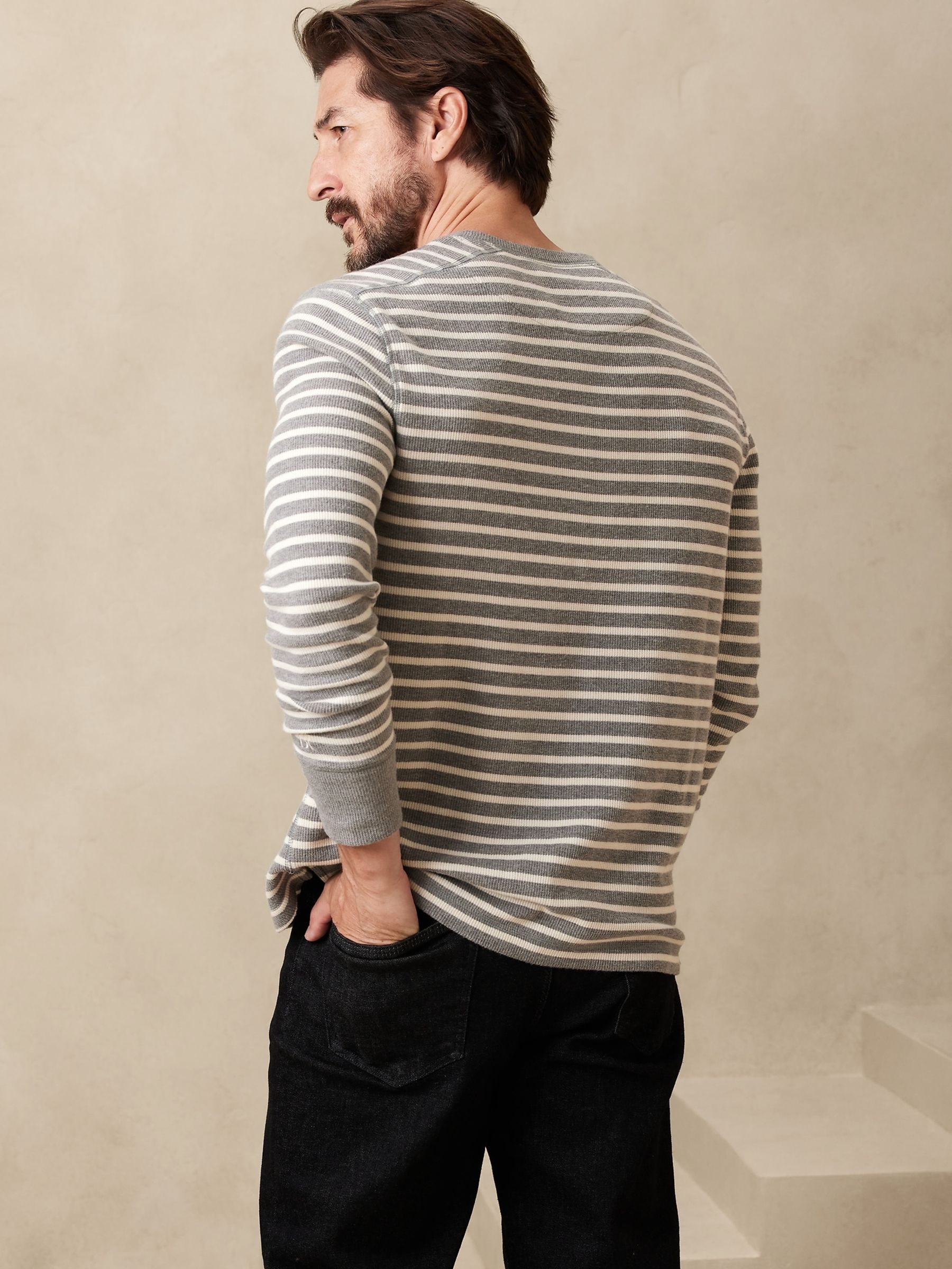 Banana Republic Grey Stripe Long Sleeve Henley T-Shirt - Image 3 of 5
