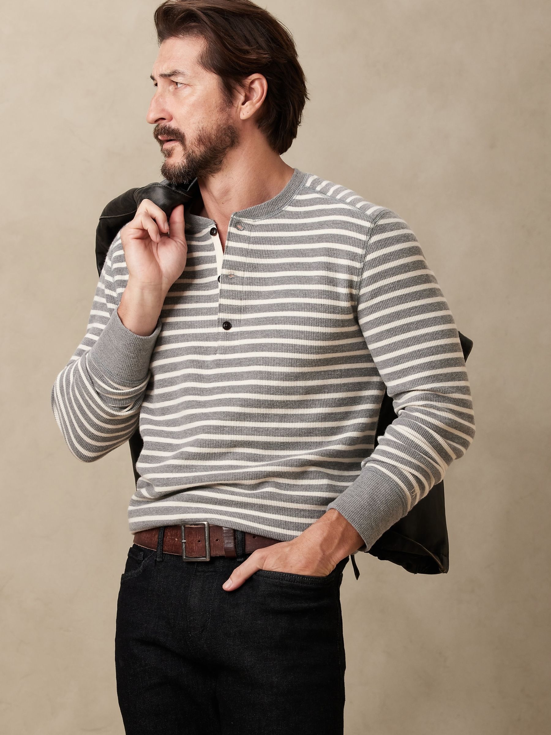 Banana Republic Grey Stripe Long Sleeve Henley T-Shirt - Image 4 of 5