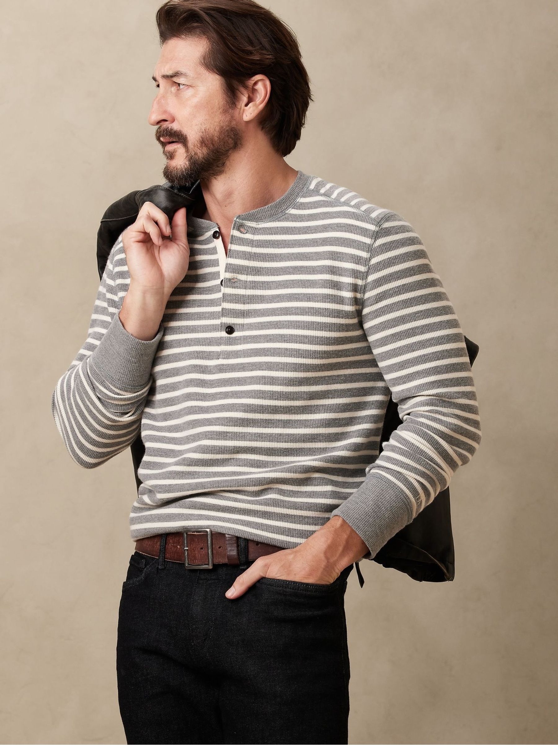 Banana Republic Grey Stripe Long Sleeve Henley T-Shirt - Image 5 of 5