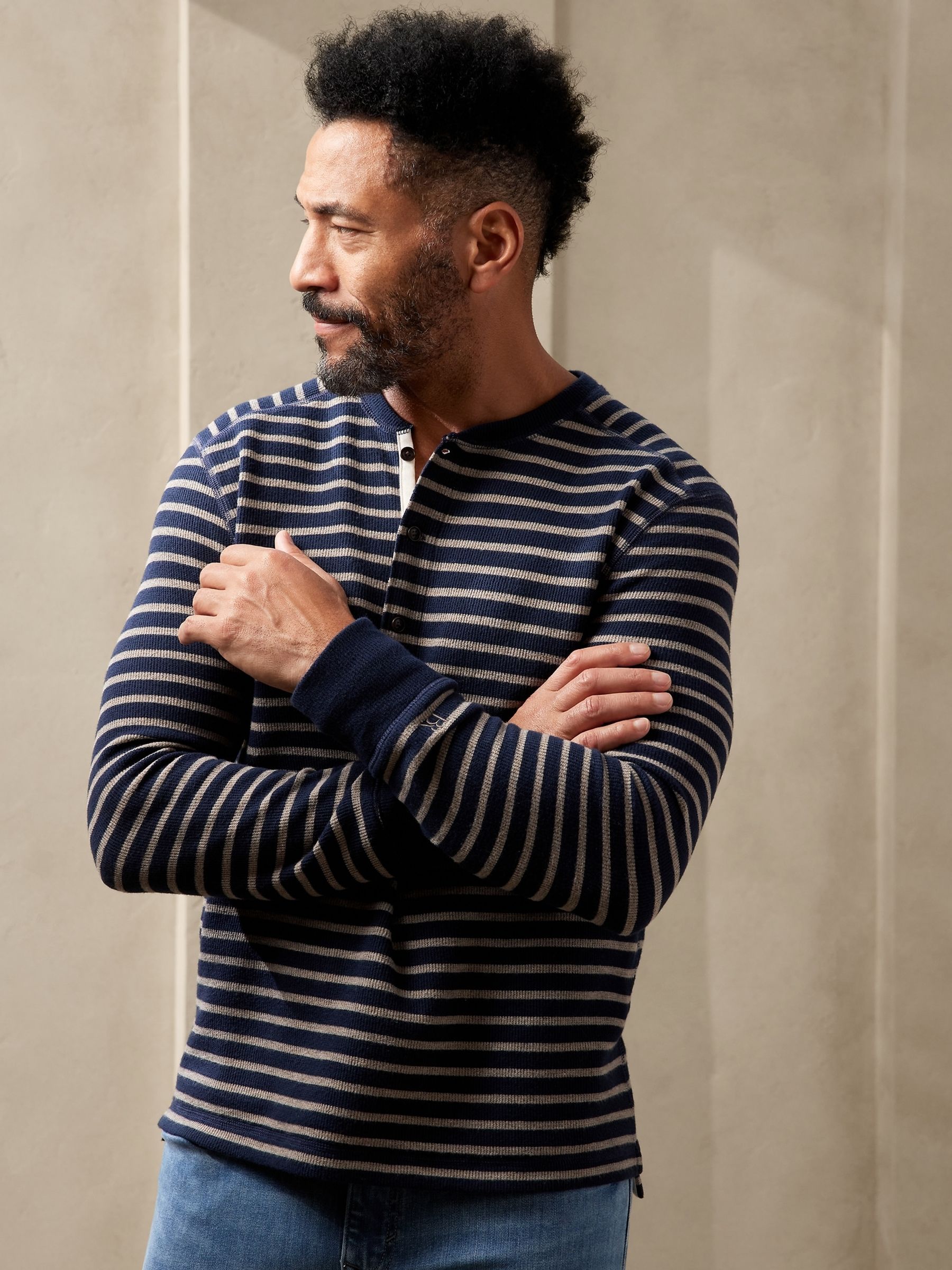 Banana Republic Blue Stripe Long Sleeve Henley T-Shirt - Image 1 of 1