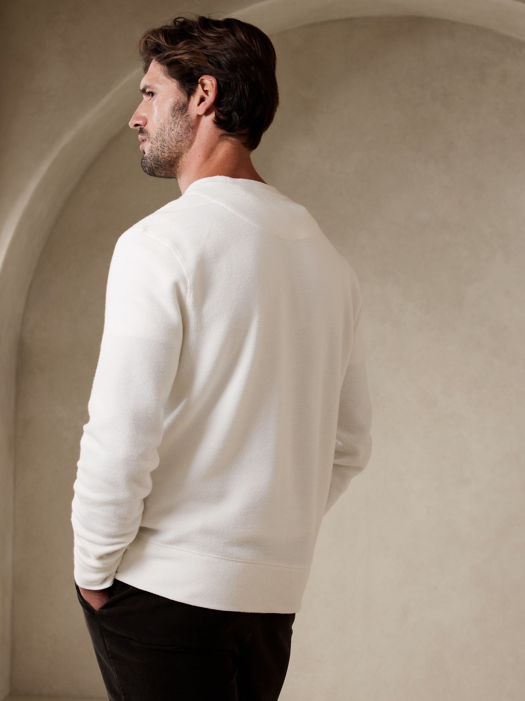 Banana Republic White Brushed Waffle-Knit Long Sleeve Crew Neck T-Shirt - Image 2 of 4