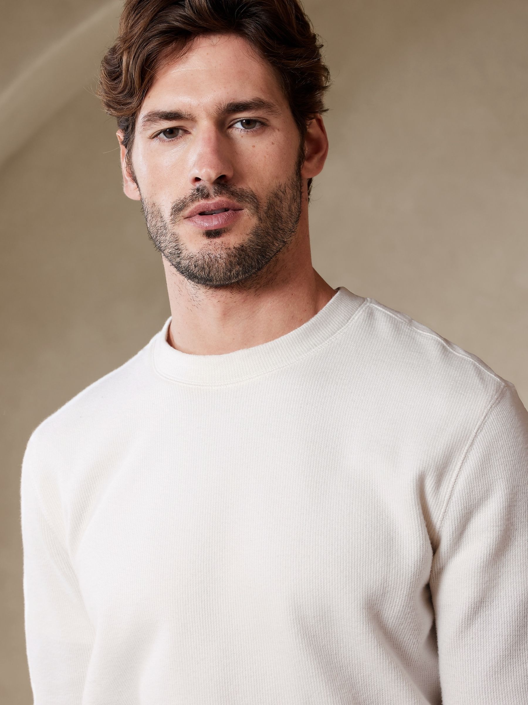 Banana Republic White Brushed Waffle-Knit Long Sleeve Crew Neck T-Shirt - Image 3 of 4