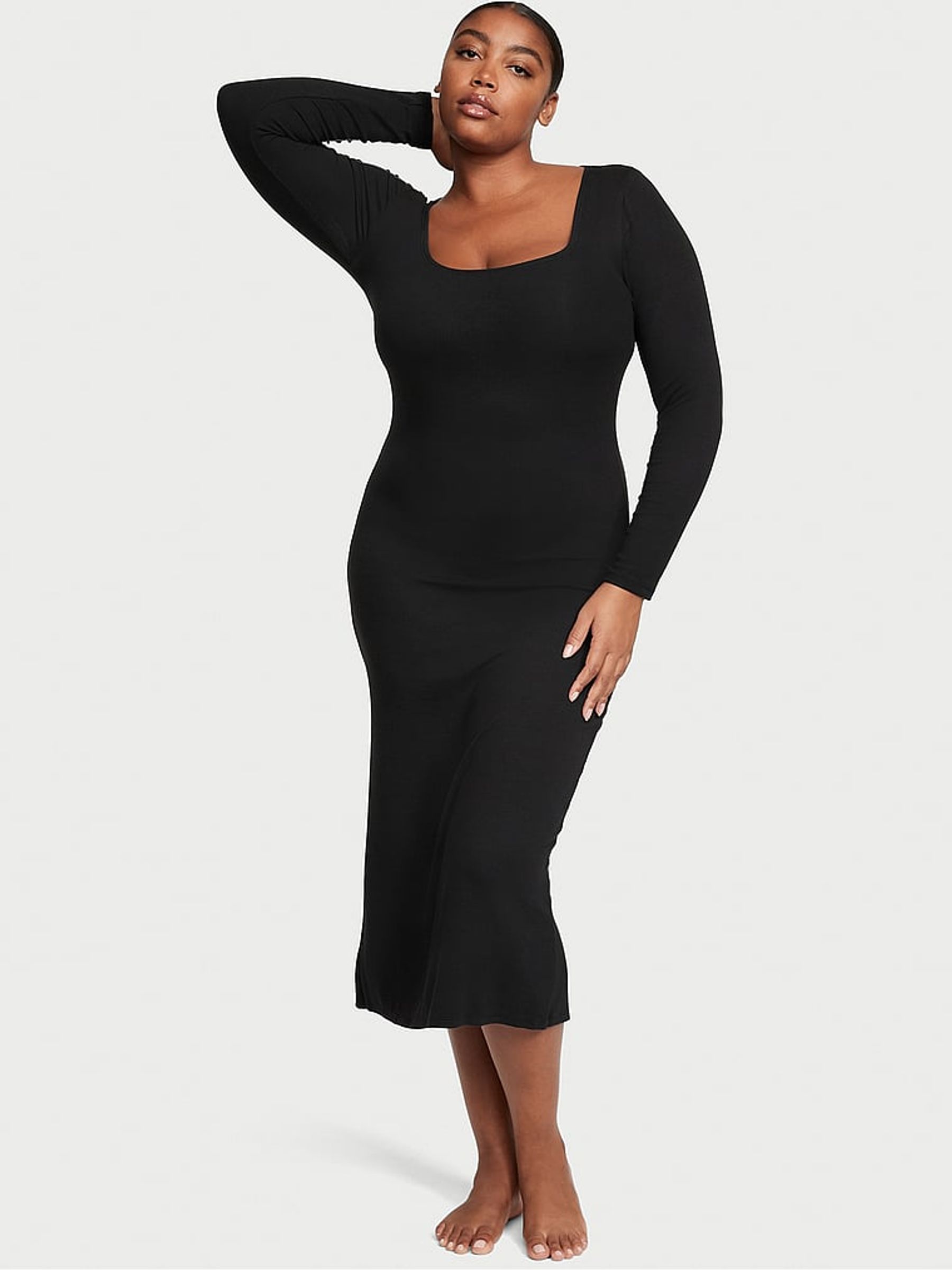 Black Ribbed Modal Long Slip Dress - Image 1 of 3