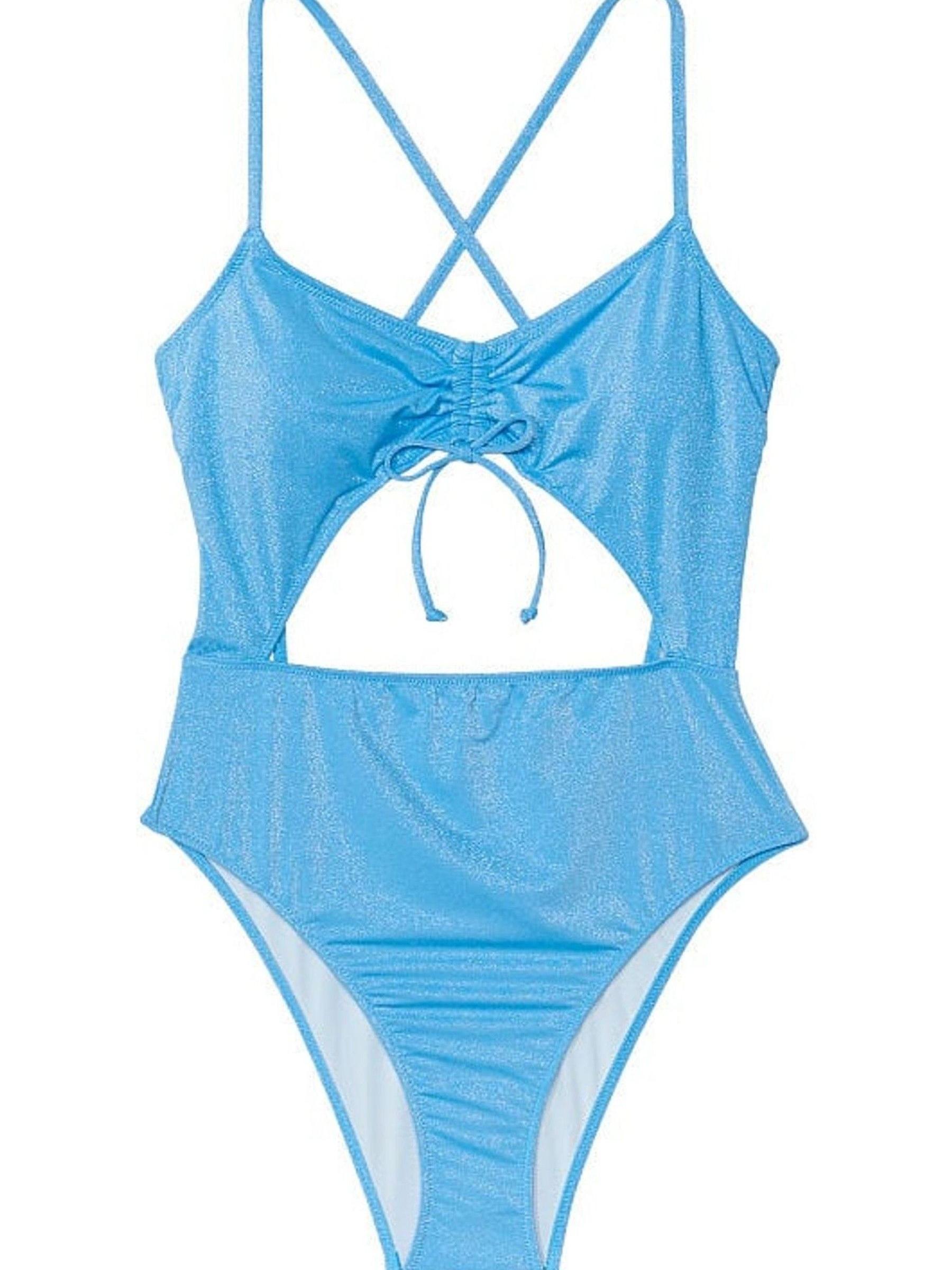 Capri Blue Ruched Shine Cut Out One Piece Swimsuit - Image 3 of 4